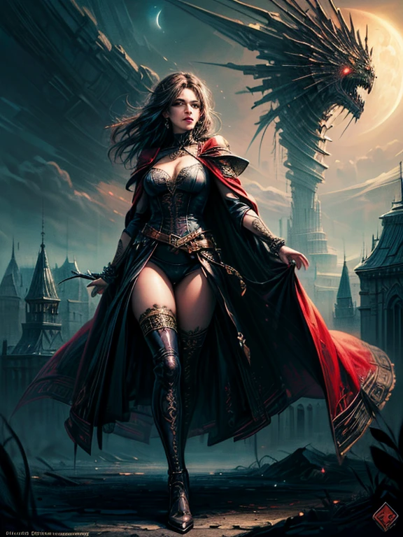 fantasy art, gothic art, (masterpiece:1.5), full body best details, highly detailed, best quality, Glowing Purple, highres, full body portrait of a vampire, elf (Masterpiece, best quality: 1.6), ultra feminine, wizard, (intricate details, Masterpiece, best quality: 1.5) with a long curvy hair,  black hair hair, (red: 1.2) eyes, (fantasy art, Masterpiece, best quality), ((beautiful delicate face)), Ultra Detailed Face (intricate details, fantasy art, Masterpiece, best quality: 1.5), [[vampiric fangs 1.5]] (red cloak: 1.3) , flowing cloak (intricate details, fantasy art, Masterpiece, best quality: 1.3), wearing an intricate (blue:1.3) dress (intricate details, fantasy art, Masterpiece, best quality: 1.5), high heeled boots, urban background (intense details, beat details), fantasy, at night light, natural ,moon light, clouds, gothic atmosphere, soft light, dynamic light, [[anatomically correct]], high details, best quality, 8k, [ultra detailed], masterpiece, best quality, (extremely detailed), dynamic angle