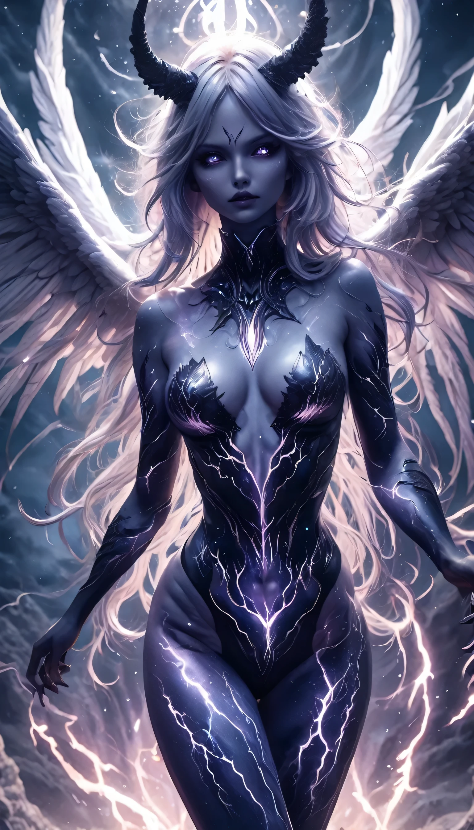 Full body shot, sexy Demoness, busty, ((highest quality)),(ultra high resolution),(Super detailed),(detailed description),((best CG)),(best work of art),super precision art,amazing drawing art,(Fantasy art with intricate detail:1.5), A spear of light that pierces heaven and earth,Lightning emanating from the aurora cuts through the night sky,Angels blowing the trumpets of the end, naked, nude, pubic hair