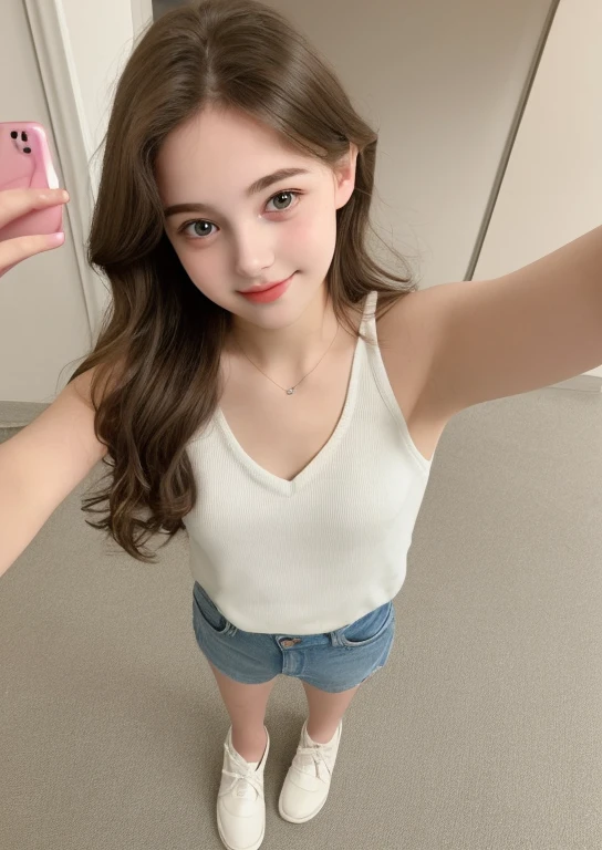 Beautiful young woman taking a selfie, Taken with iPhone camera、, cute、Flat chest、whole body, perspective(From the girl's feet), (((Short shorts)))