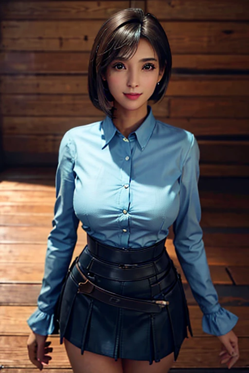 (1 female police officer), The ultimate beautiful mature, Ultra-detailed顔, Fine grain, double eyelid, Detail Lip, Short brunette hair, (Light Blue Fancy Blouse), (Black tight mini skirt), (Big Breasts), smile, Thighs Thighs Thighs Thighs, Are standing, ((Cowboy Shot)), Depth of written boundary, Perfect lighting, (Photorealistic:1.4), (Ultra-detailed), (highest quality), (Best Shadow), (masterpiece), Ultra-high resolution, background: (Tokyo), Erect nipples