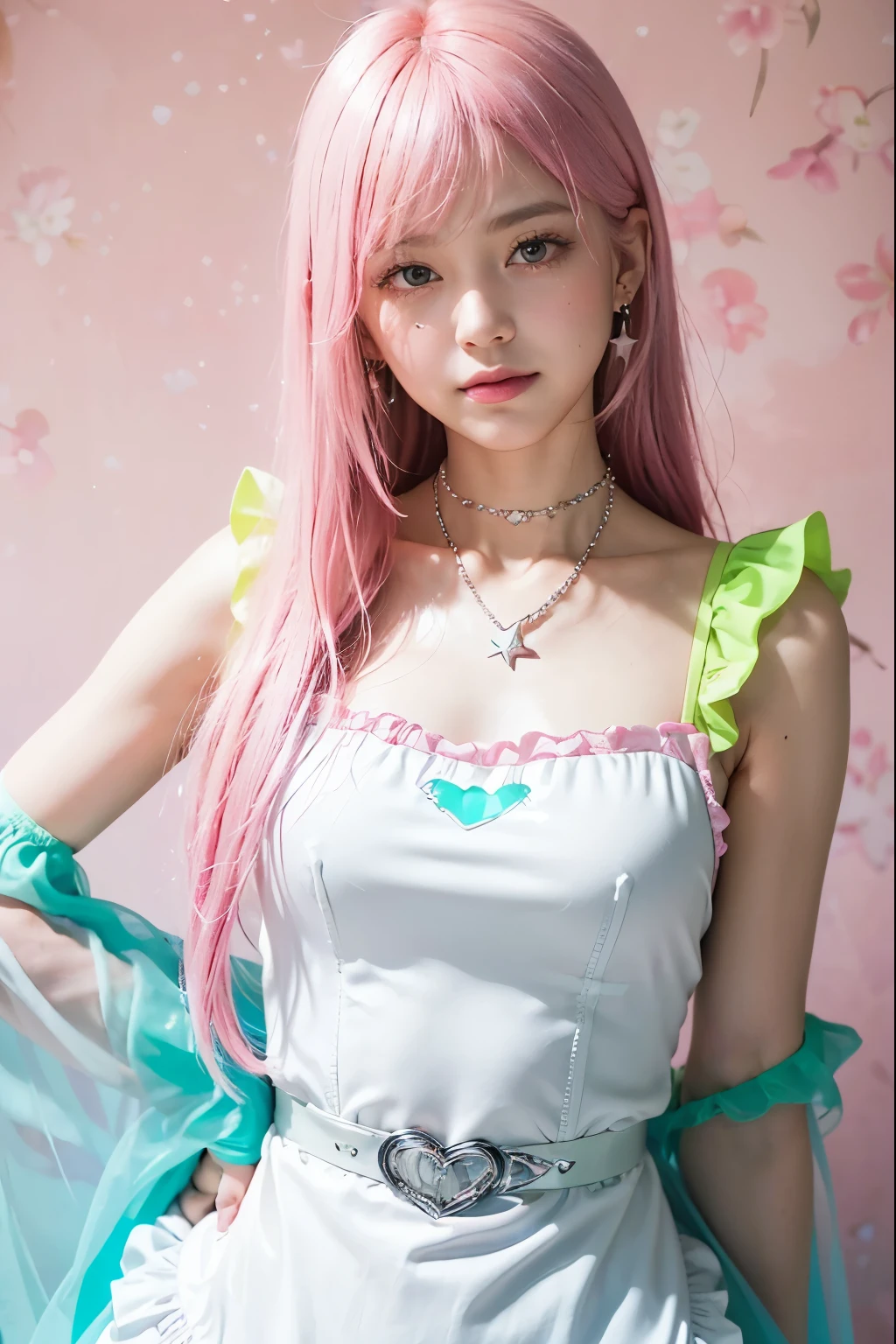 (8K, top-quality, masterpiece:1.2), (reallistic, Photorealsitic:1.37), Super Detail, One girl,), (Highly detailed), (beautifully detailed eyes), (of the highest quality), (super detailed ), (masterpiece), (Detailed face),20yr old, ,1 girl, ((pink hair,long hair)), medium breasts, clothed, Perfect Lighting, BREAK, (shiny neon pink green blue:1.5), (gradient color dress:1.4), (stars hearts glitter pattern:1.3), (glossy white wet suit fabric:1.5), (short puffy sleeved bolero:1.2), (sheer lace trimmed camisole:1.2), (frilly sleeves sweetheart neckline blouse:1.3), (mini pleated skirt with apron belt:1.3), (bodycon fit silhouette:1.3), (knee high socks with frills:1.2), (clear platform loafers:1.2), (ribbon choker with charm:1.2), (star earrings heart necklace:1.2), (girly accessories:1.2), BREAK, (high quality:1.5), (upper body to knees:1.3), (long pink hair half up:1.2), (gentle smile:1.2), (slight blush:1.1), (turned head:1.1), (rolled up sleeves:1.2), (touching apron:1.2), (vintage wallpaper background:1.2), (soft natural light:1.2)