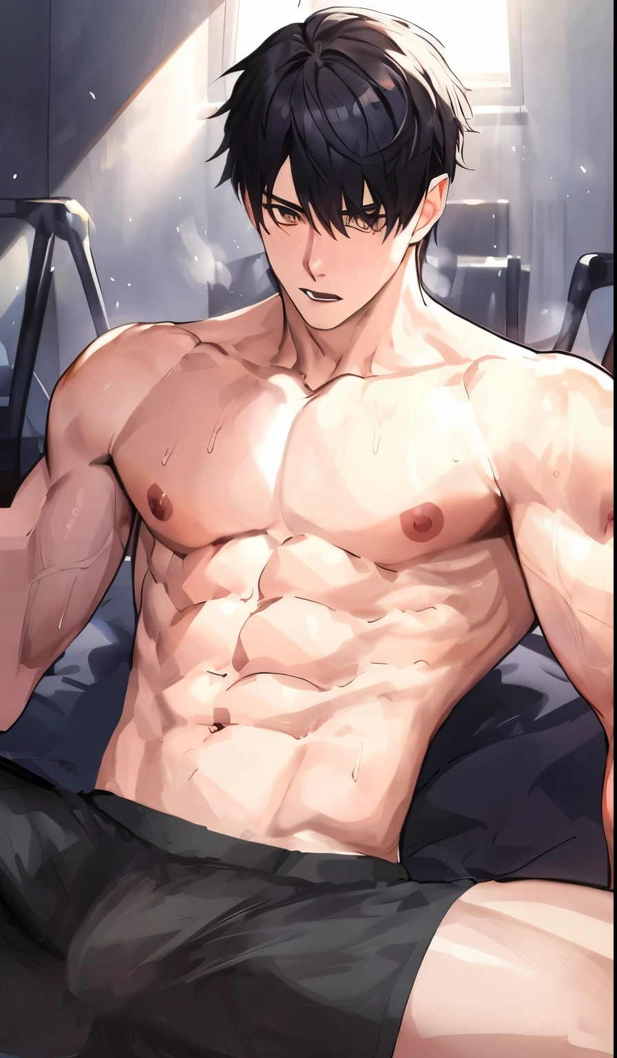 Anime man sitting cross-legged on bed with bare chest, muscular!!, muscular!, muscular!! Science Fiction, Highest rated on pixiv, Shirtless :: High Detail, Cool anime poses, muscular!!!, Sweating of the abdomen, Fluffy chest, super awesome and cool, muscular build, muscular character, Anime handsome man, muscular male hero, male anime character