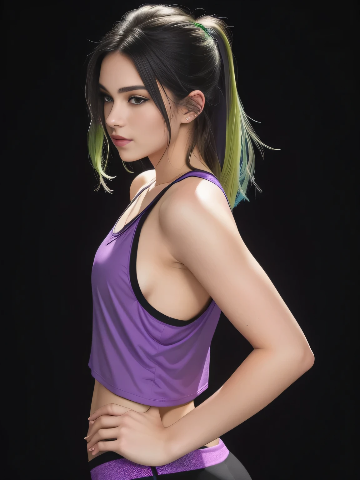 there is a woman in a purple shirt posing for a photo in a purple shirt, arms to the side, arms behind the back, side pose, half body photo, half body photo close up, back photo, upper body photo , toned arms, mid body photo, half body shot, half body shot, looking from the side!, bent arm pose! black background. She is wearing a vibrant purple sports tank top and mixed shorts (((blue-gray-green-black))), suggesting an active lifestyle or athletic attire for working out. Sharp photo, high quality, high resolution (ultra quality masterpiece), Ultra HD, high contrast, 16K. Masterpiece: 1.3, high resolution, (photographically realistic), NUDE, NUDITY, NFSW.