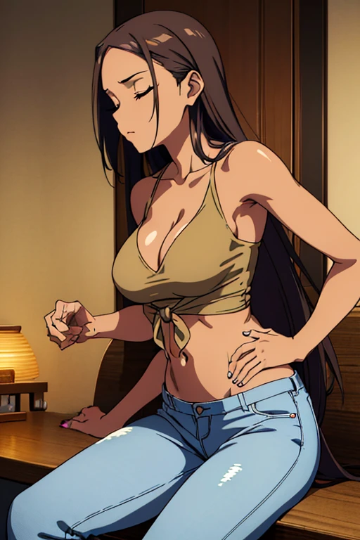 (detailed), perfect face, brown skin anime woman in a deep V-neck tied top, (bare shoulders), (jeans), (long hair), starving, (resting hands on the stomach), (hands on the stomach), (slim woman), (smooth and shiny skin), tired, eyes closed, resting, ((side view)), ((best quality)), ((masterpiece))