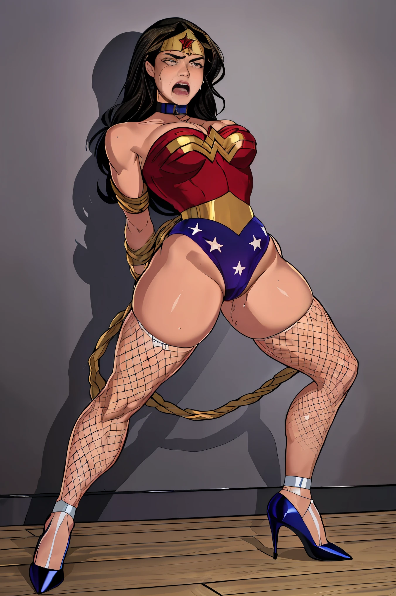 (((Full body view))), (((mulher maravilha,preso, algemado na academia de ballet, potorturante, pose excruciating))) ,((SUPERHEROINE mulher maravilha IS A FILTHY OLD WHORE)), ((emotional expression,expression of pain and despair, gritando de dor, Expression of suffering, olhos arregalados)),(Wonder Woman is forced to dance ballet), (She's crying a loa tem cabelo preto, ela tem cabelo longo)), ((She wears a thick collar around her neck)), (Ela esta vestindo uma calcinha rendada, fishnet pantyhose, sapatilhas de ballet high heels), (obra-prima, melhor qualidade) 1.5, 1 garota, sozinho, (sensual, mulher bonita, rosto perfeito, olhos perfeitos), corpo inteiro. ((She is wearing starry lace panties)), tears running down your face)), ((Mulher Maravilha em cativeiro amarrado ,arms are tied behind the back, em seguida, using some fixation method, like a rope or chain that runs from the wrists to an attachment point above, their arms are raised behind them until the person is forced to bend forward)), (((emotional expression,expression of pain and despair, gritando de dor, Expression of suffering, olhos arregalados, expression of fear, corpo se contorcendo de dor))))