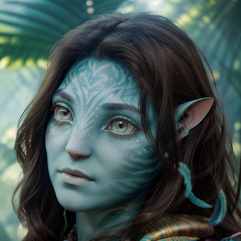 avatar style, (face portrait:1.6), naavi, 1girl, female, (green eyes), (big eyes), ((eyebrowless)), pointy ears, (turquoise skin tone:1.0), (straight hair:1.0), brown hair color, ((long hair)), (young adult), 18 years old, face wrinkles, wearing colorful tribal clothing, (wearing tribal acessories), detailed eyes, toned body, muscled body, vibrant colors, glowing, ethereal atmosphere, surrealistic dreamy lighting, textured skin, otherworldly beauty, mesmerizing photography, (best quality, highres), vivid colors, ultrarealistic, skin details, striped skin, sfw, face close-up:0.5, ultradetailed body, ((turquoise skin)), AvAonung