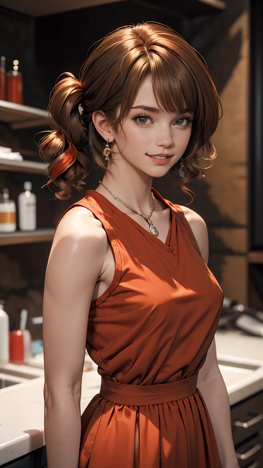 girl, Black Hair, 1980s (style), Red sleeveless dress, Long Hair,smile、Inner Color((colored inner hair))、Side Up((hair one side up))、