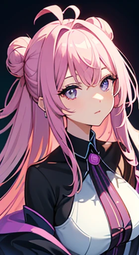 1 Giant breasts, Fluttering Hair, Dynamic Angle, Simple Background，Bright purple hair，Pink and purple pupils，A pale pink rose blooms on her head，Black clothes，High detail，high quality，良いatmosphere，Delicate，CG rendering，Detailed Rendering，（Delicate表情の描写）（Delicate髪の描写）（最high quality）（Master's masterpiece）（High degree of perfection）（atmosphere）