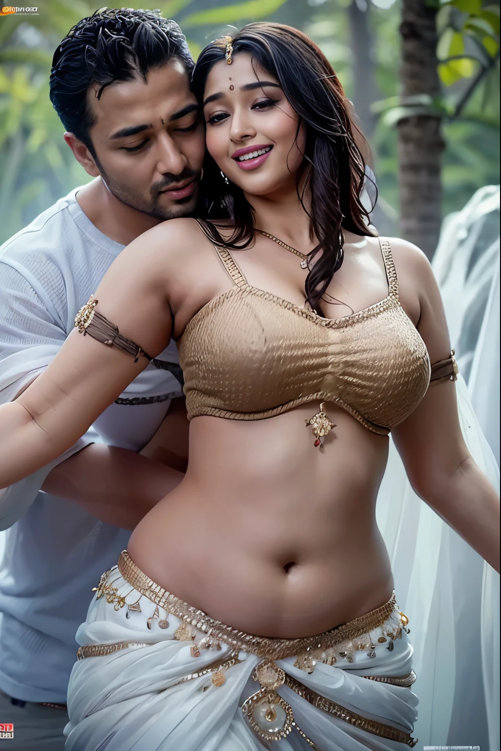 HD wallpaper 32k cinematic shoot of a Beautiful cute wet Pooja Hegde, with thick thighs and a curvy chubby waist,  wearing a beautiful Indian dress, ((lowwaist)), ((a man touching her navel)), ((a man hugging her))