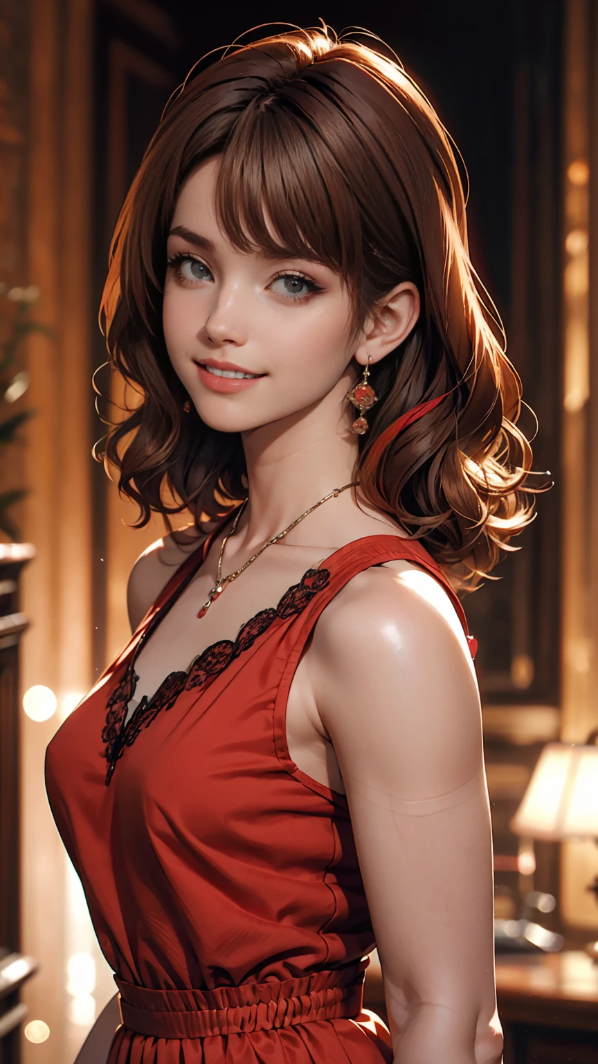 girl, Black Hair, 1980s (style), Red sleeveless dress, Long Hair,smile、Inner Color((colored inner hair))、Side Up((hair one side up))、