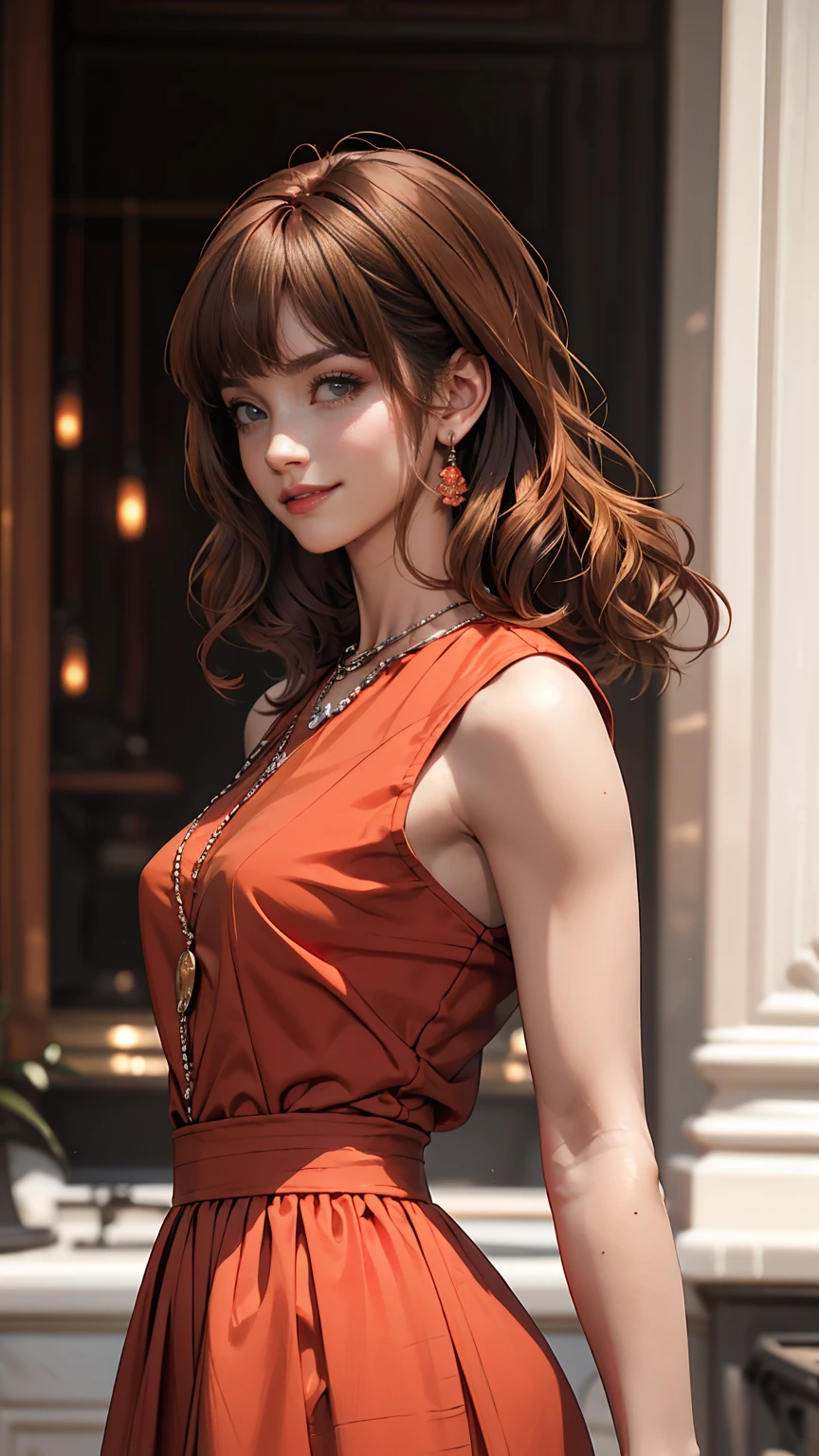 girl, Black Hair, 1980s (style), Red sleeveless dress, Long Hair,smile、Inner Color((colored inner hair))、Side Up((hair one side up))、