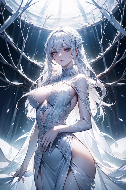 (Master piece), (Best Quality), (Cinematic), 8K, (Art Station), (A woman with long white hair and silver eyes), (Beautiful delicate face), Frozen trees, landscape crystal, lighting, (ethereal atmosphere:1.1), fantasy, short story, soft lighting, (cinematic shot:1.2), art station, luminous white background, soft glow, (creative Dynamic Angle: 1.3), Crystal Toning, (Heavenly Paradise), White Lighting,Masterpiece, Very detailed, Super detailed, Solo, (Pale skin), Silver eyes, White hair, (Snowy background), (Snowflake Rosen flower: 1.0), (Shining crystals), (Snow covered) ground), (white eyelashes), sexy woman, dream-like details, gorgeous setting, mysterious atmosphere Mastepiece, the most beautiful scene, majestic, (((full of white flowers: 1.0))), quiet and calm Atmosphere, charming, all white tones, inside the crystal library, transparent flowers and snow falling, lots of white roses planted, (flowing water, waterfall, water bloom),The decoration is also careful, dreamy, (very detailed, creative design, crisp and precise lines, K HD, top quality, masterpiece, super high resolution), various poses, ((beautiful white flower hair ornament) ), beautiful hairstyle, (best quality, 4K, 8K, high resolution, master piece: 1.2), super detailed, detailed expression, graceful posture, expressive brushstrokes, mysterious atmosphere, artistic interpretation, delicate Floral jewelry, ((((Detailed design, beautiful transparent dress made of thin fabric, thin mini-length dress that shows the skin))), (Extraordinary breasts, best body proportions, large breast proportions: 1.5), Expressive,Chignon