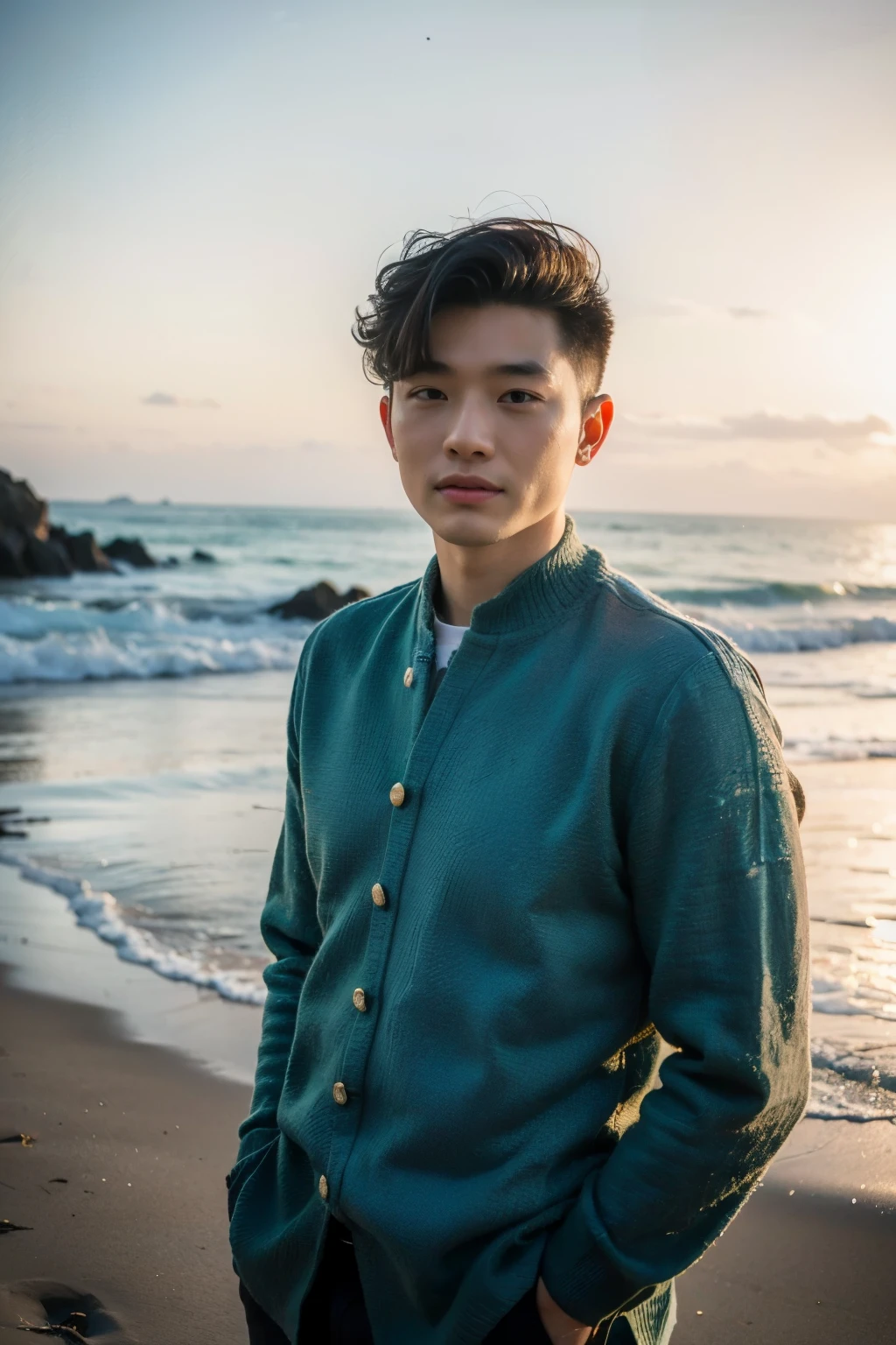 Realistic photography, 8k , handsome young chinese man , beach
