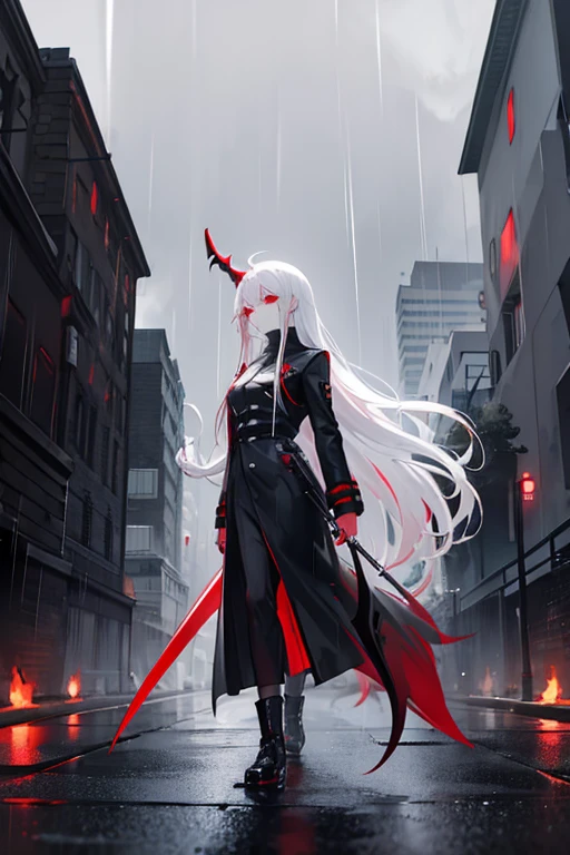 Red eyes and white hair, long hair, reaper scythe, Walking in the rain, There are buildings and no people around., human, Black coat, stocking