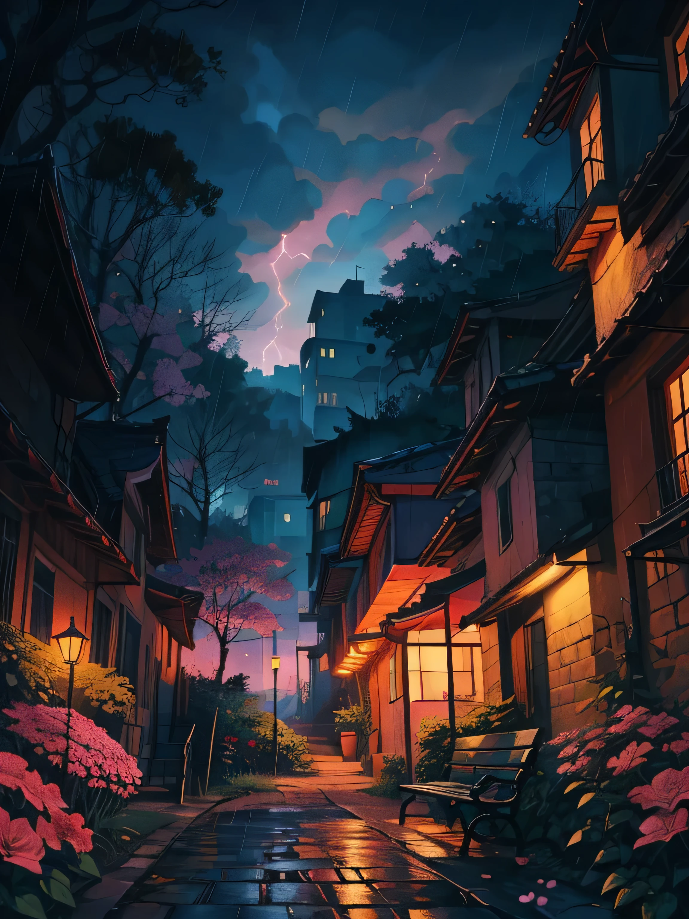 bench, lake, Hut, Long Grass, Covered in Bougainville flowers, Rainfall, Dim Street Lights, Bushes, Pink Flower, Under the shade of the trees, Beautiful color palette, Beautiful sky, lightning, Urban Background, nature, micro-landscape, at night, Essential Details, Cinematic tone, A vibrant palette