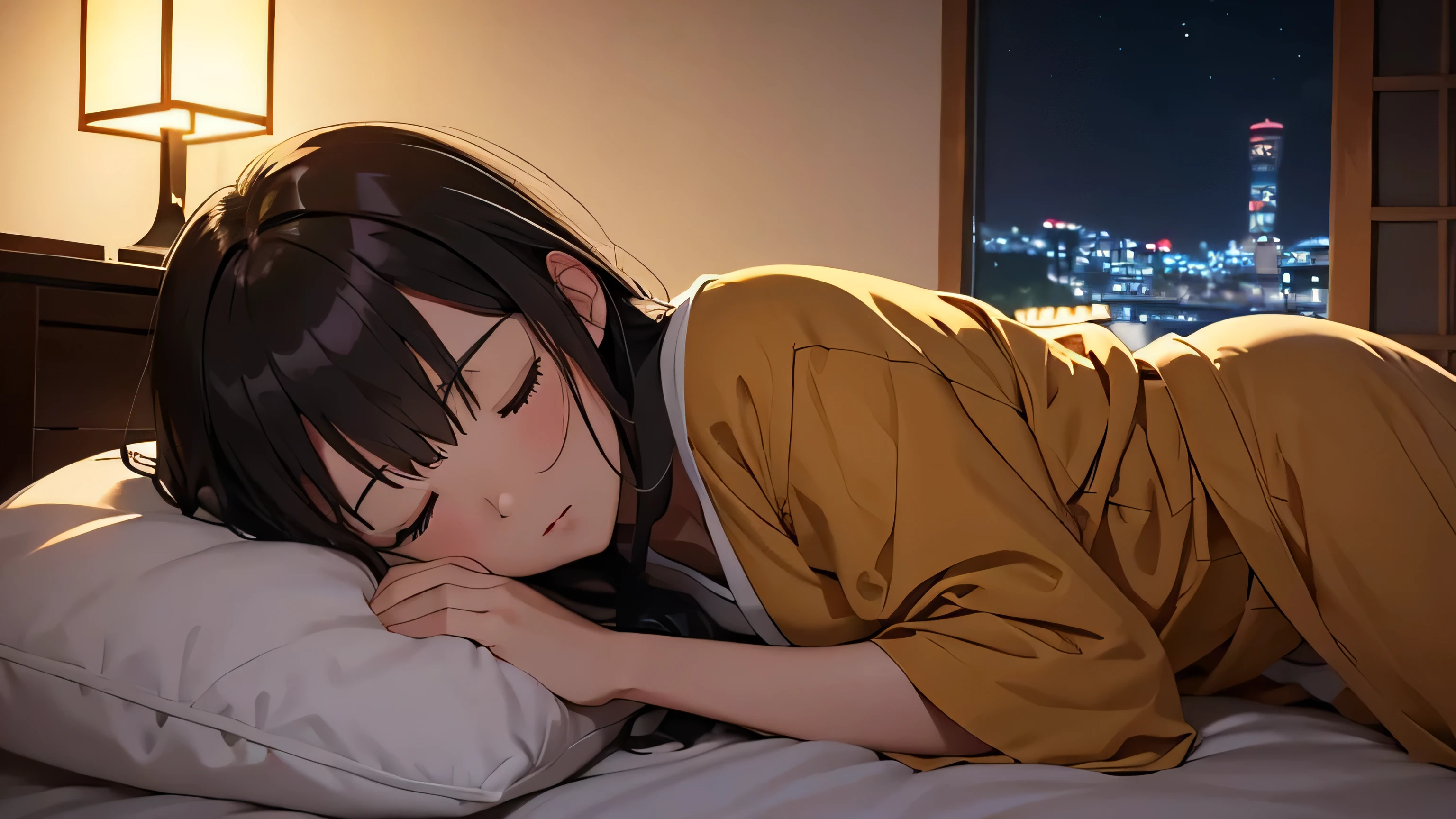 Warm lighting、Outside the room, it's night、Beautiful girl sleeping with a dog、Japanese anime style