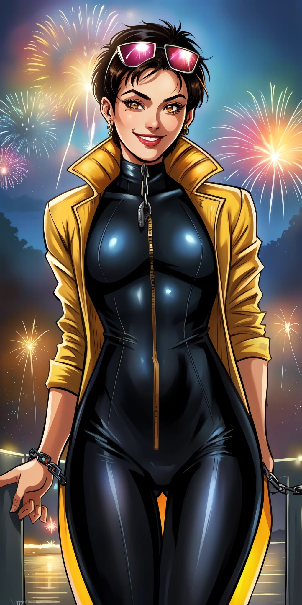 Jubilee,short black hair, brown eyes, solo, standing,  cowboy shot, shades on head, 
open yellow jacket,  black body suit,  smile, 
streets, chain fence, fireworks, retro, night, 
 (insanely detailed, beautiful detailed face, masterpiece, beautiful detailed eyes, best quality)
 