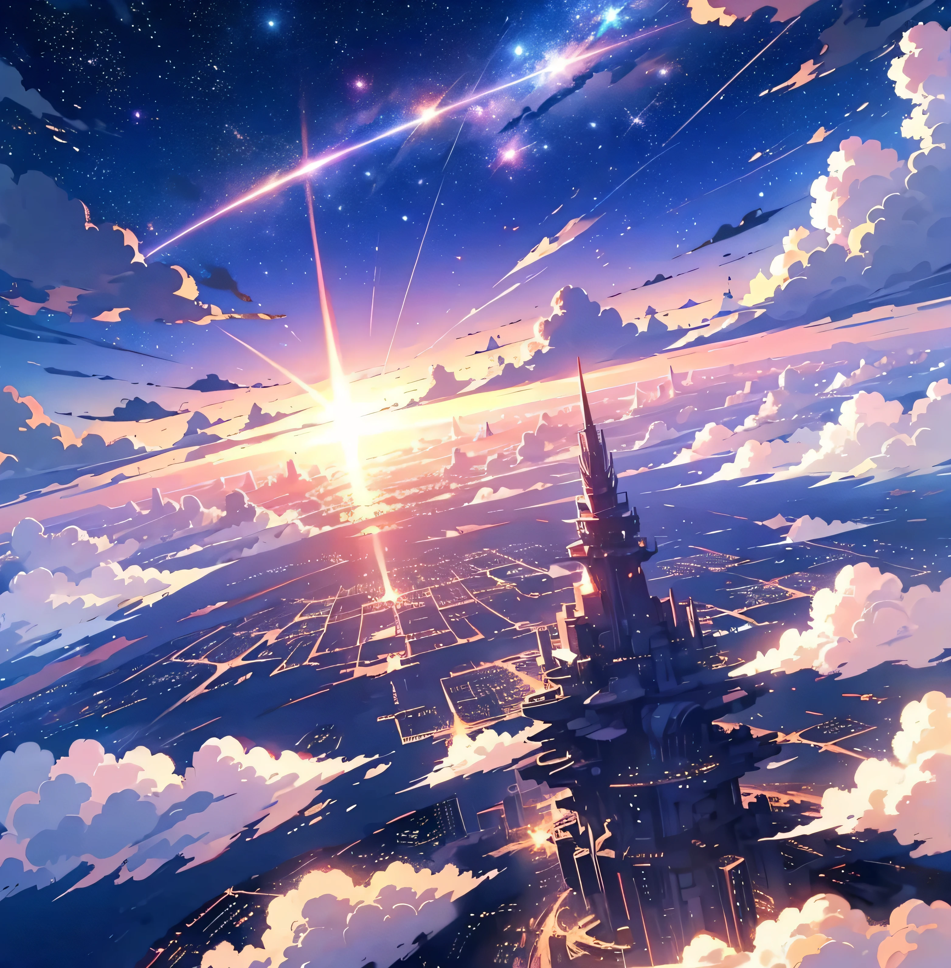 sea of clouds、Beautiful sky animation scene with stars and planets, Abandoned city floating on the sea,Space Sky. by makoto shinkai, anime art wallpaper 4k, anime art wallpaper 4k, Anime Art Wallpapers 8K, anime wallpaper 4k, anime wallpaper 4k, 4k anime wallpaper, Anime Sky, Awesome Wallpapers, Anime Background, Celestial planets in the background, Anime Background art