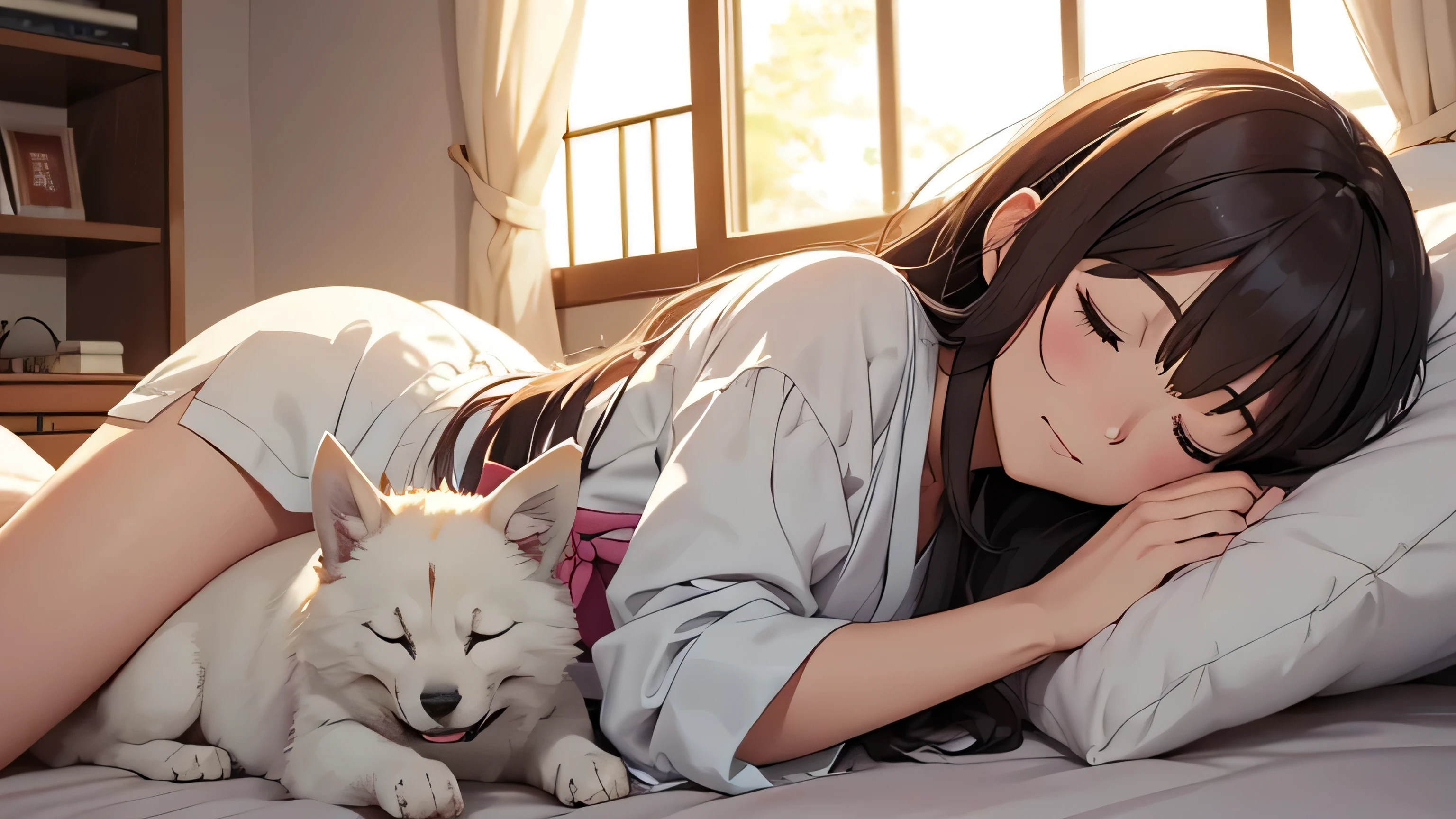 Beautiful girl sleeping with a dog、Japanese anime style