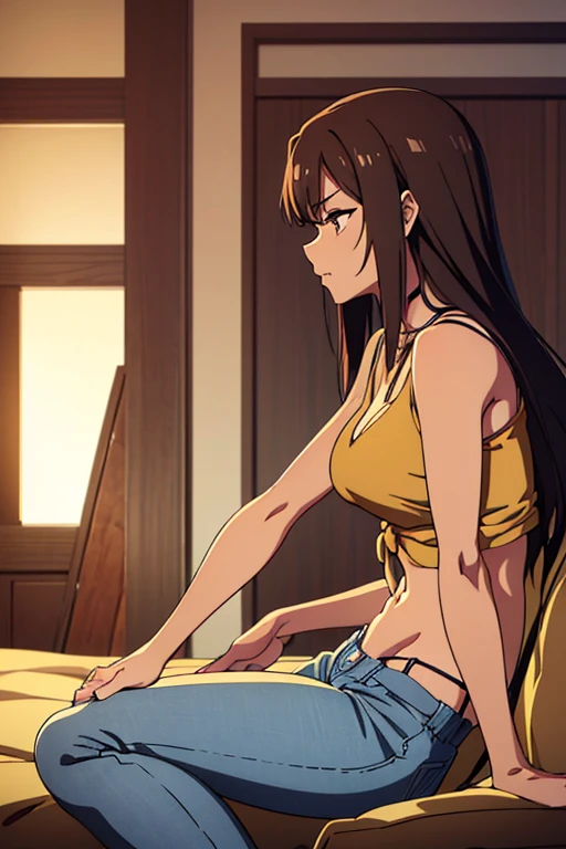 (detailed), perfect face, brown skin anime woman in a deep V-neck tied top, (bare shoulders), (jeans), (long hair), starving, (resting hands on the stomach), (hands on the stomach), (slim woman), (smooth and shiny skin), tired, eyes closed, resting, ((profile side view)), ((best quality)), ((masterpiece))