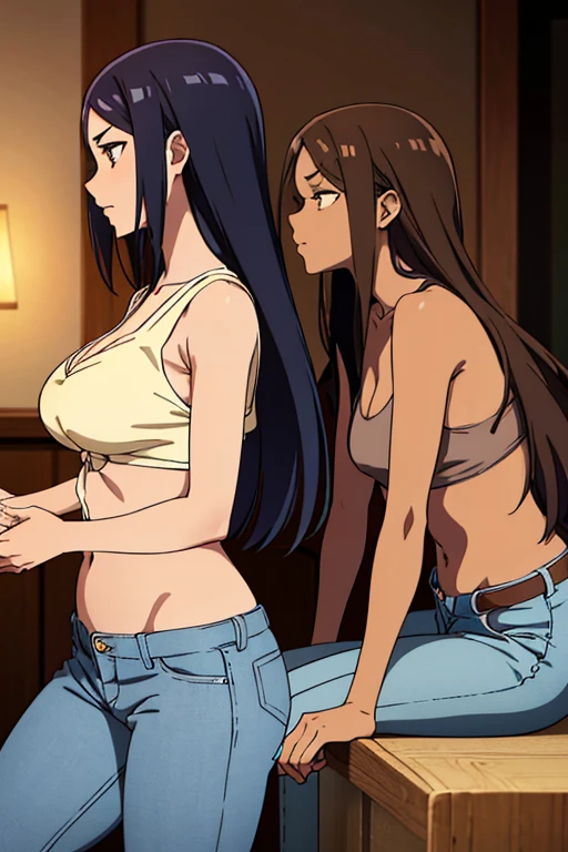 (detailed), perfect face, brown skin anime woman in a deep V-neck tied top, (bare shoulders), (jeans), (long hair), starving, (resting hands on the stomach), (hands on the stomach), (slim woman), (smooth and shiny skin), tired, eyes closed, resting, ((profile side view)), ((best quality)), ((masterpiece))
