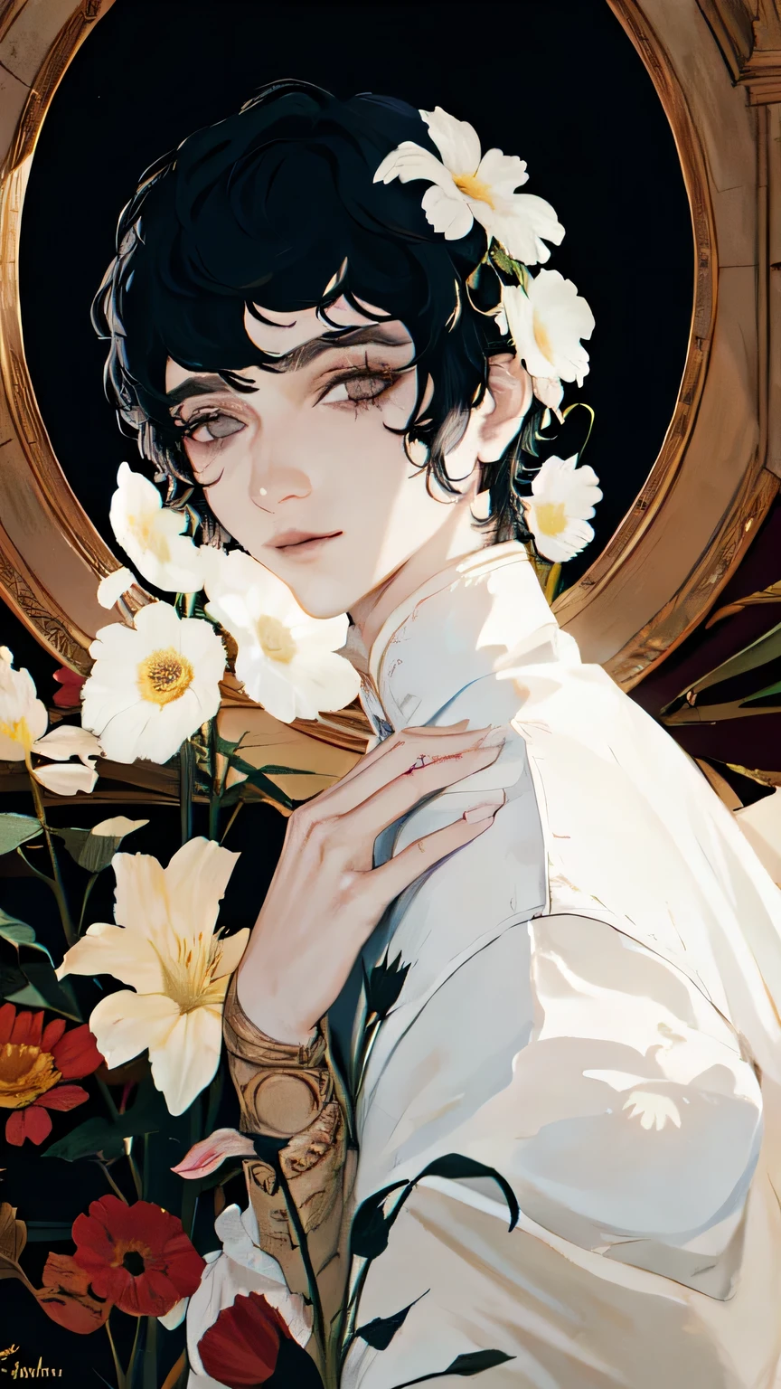 masterpiece, highest quality, One boy,flower,Skeleton,Black Hair