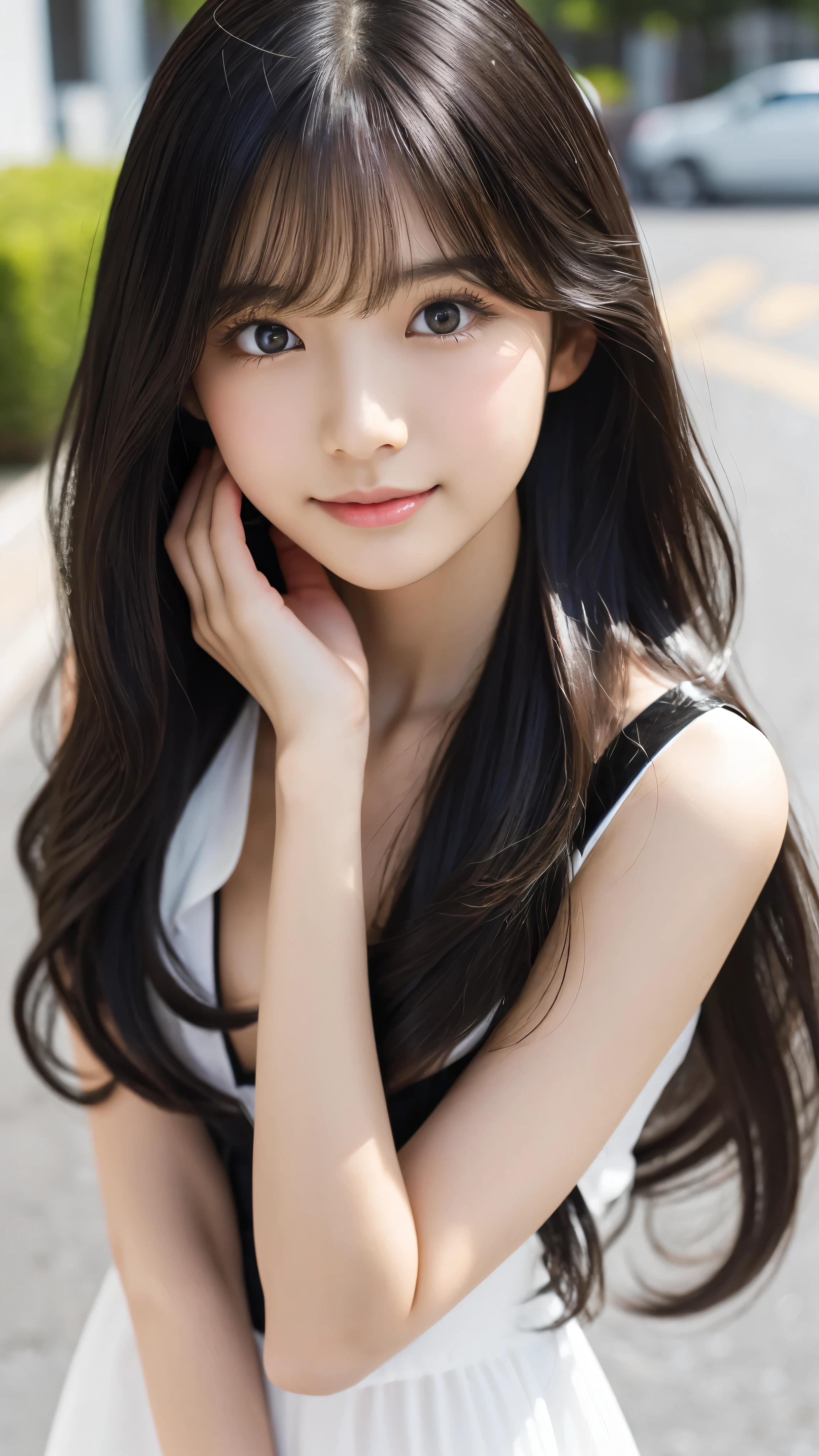 Shining, clear, white skin、Her windblown black hair hides her beautiful face.、huge、Sexy beautiful face of 28 years old、Beautiful straight hair that stands out、growing up, glowing light brown eyes、Sexy long silky bangs covering the eyes, Sexy young woman with super long hair hiding her sexy face、Shiny black hair、(((Sexy Woman)))、The cleavage is visible,Red sexy dress