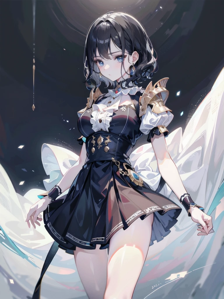 absurdres, RAW photo, extremely delicate and beautiful, masterpiece, Best Quality, ultra high resolution, 32k, hyperrealistic, ultra-detailed, detailed description, pale skin, 20 years old, delicate facial features, detailed beautiful face and eyes, tearful mole, earring, Colossal tits, short medium hair, wavy hair, (full body shot), halterneck blouse, skirt,