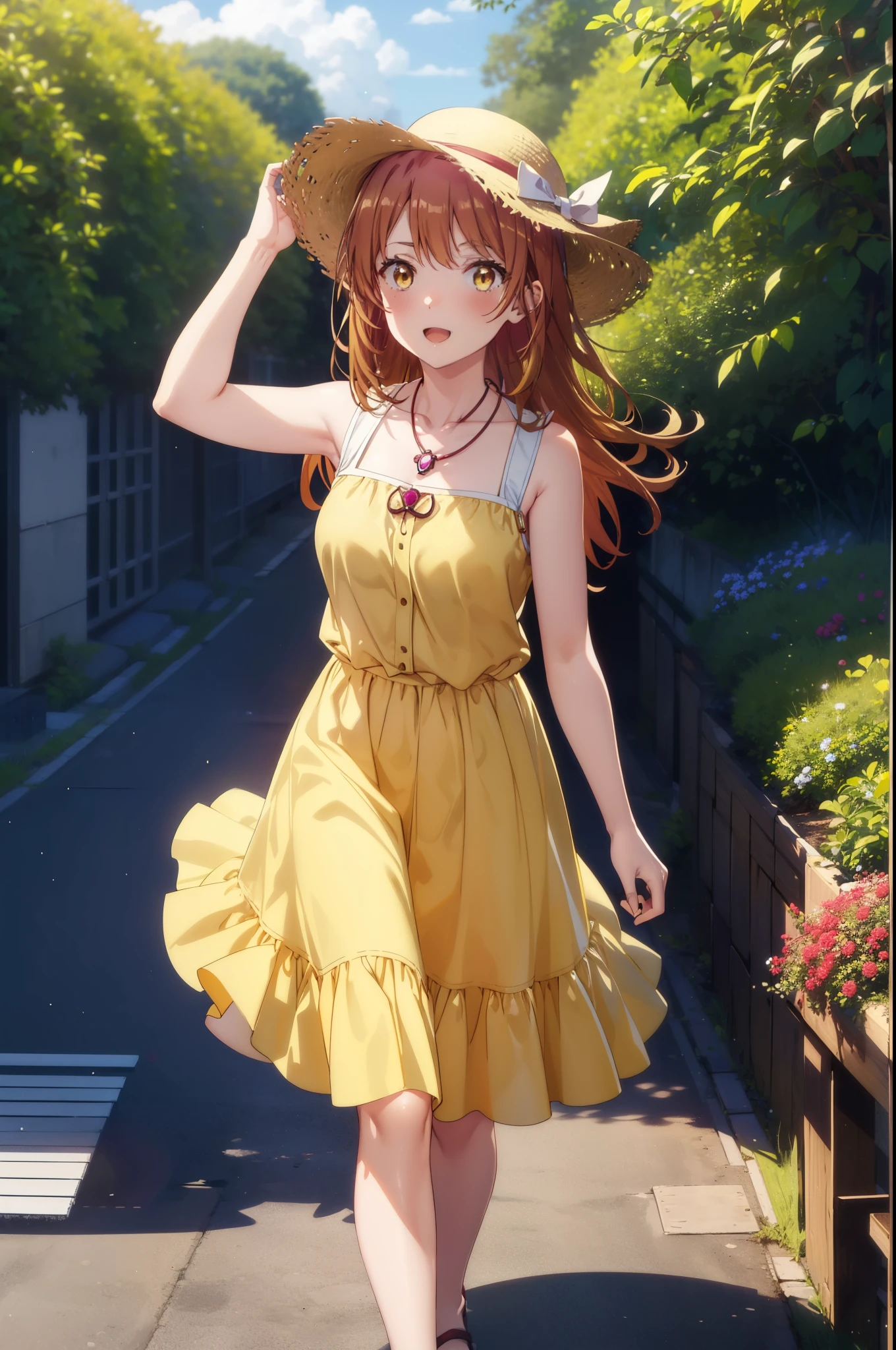 irohaisshiki, Isshiki Iroha, Long Hair, Brown Hair, (Brown ruby eyes:1.5), Sleeveless yellow dress,Yellow long skirt,Bare neck,Locket Necklace,Cute Sandals,Straw hat,happy smile, smile, Open your mouth,Daytime,Clear skies,True Summer,whole bodyがイラストに入るように,Walking,
break outdoors ,garden,crowd, people々々,
break looking at viewer,whole body,
break (masterpiece:1.2), highest quality, High resolution, unity 8k wallpaper, (shape:0.8), (Beautiful and detailed:1.6), Highly detailed face, Perfect lighting, Highly detailed CG, (Perfect hands, Perfect Anatomy),