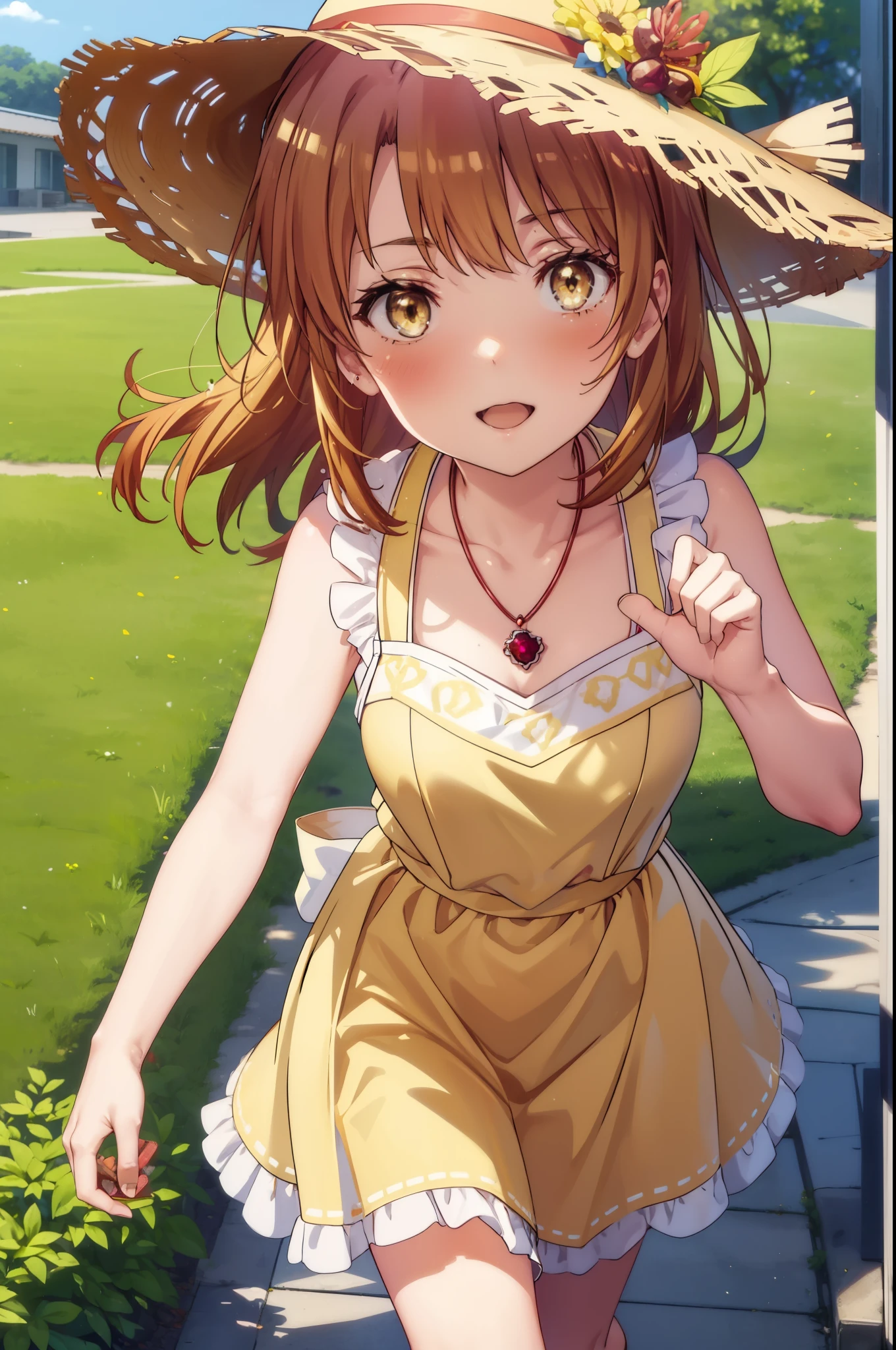 irohaisshiki, Isshiki Iroha, Long Hair, Brown Hair, (Brown ruby eyes:1.5), Sleeveless yellow dress,Yellow long skirt,Bare neck,Locket Necklace,Cute Sandals,Straw hat,happy smile, smile, Open your mouth,Daytime,Clear skies,True Summer,whole bodyがイラストに入るように,Walking,
break outdoors ,garden,crowd, people々々,
break looking at viewer,whole body,
break (masterpiece:1.2), highest quality, High resolution, unity 8k wallpaper, (shape:0.8), (Beautiful and detailed:1.6), Highly detailed face, Perfect lighting, Highly detailed CG, (Perfect hands, Perfect Anatomy),