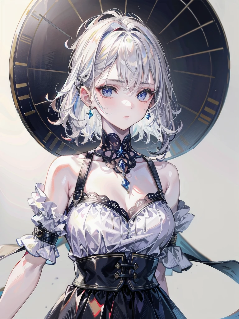 absurdres, RAW photo, extremely delicate and beautiful, masterpiece, Best Quality, ultra high resolution, 32k, hyperrealistic, ultra-detailed, detailed description, pale skin, 20 years old, delicate facial features, detailed beautiful face and eyes, tearful mole, earring, Colossal tits, short medium hair, wavy hair, (full body shot), halterneck blouse, skirt,