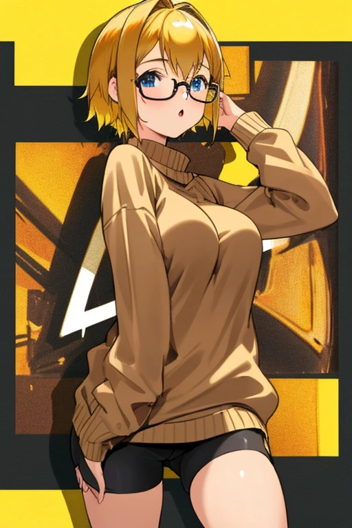 masterpiece, best quality, 1 girl, (14 years old),Brown sweater,bike shorts ,yellow hair, short hair, hime cut, blue eyes, {{glasses}}, {{big breasts}},