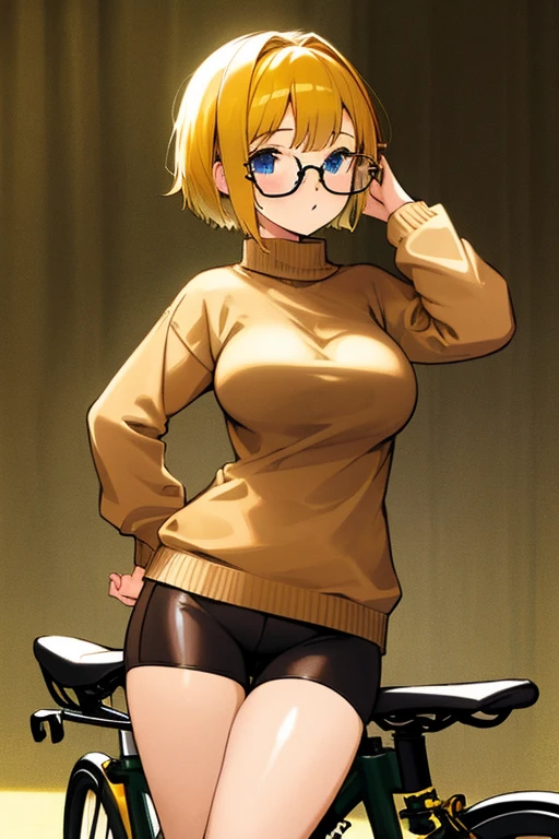 mkvd, 1girl, solo, turtleneck sweater, sweater yellow, red skirt, happy, looking at viewer, glasses, upskirt, cameltoe, yellow panties, sexy, panties view, panties focus, panties zoom in, under view, skirt lift, front view, from down, simple background 