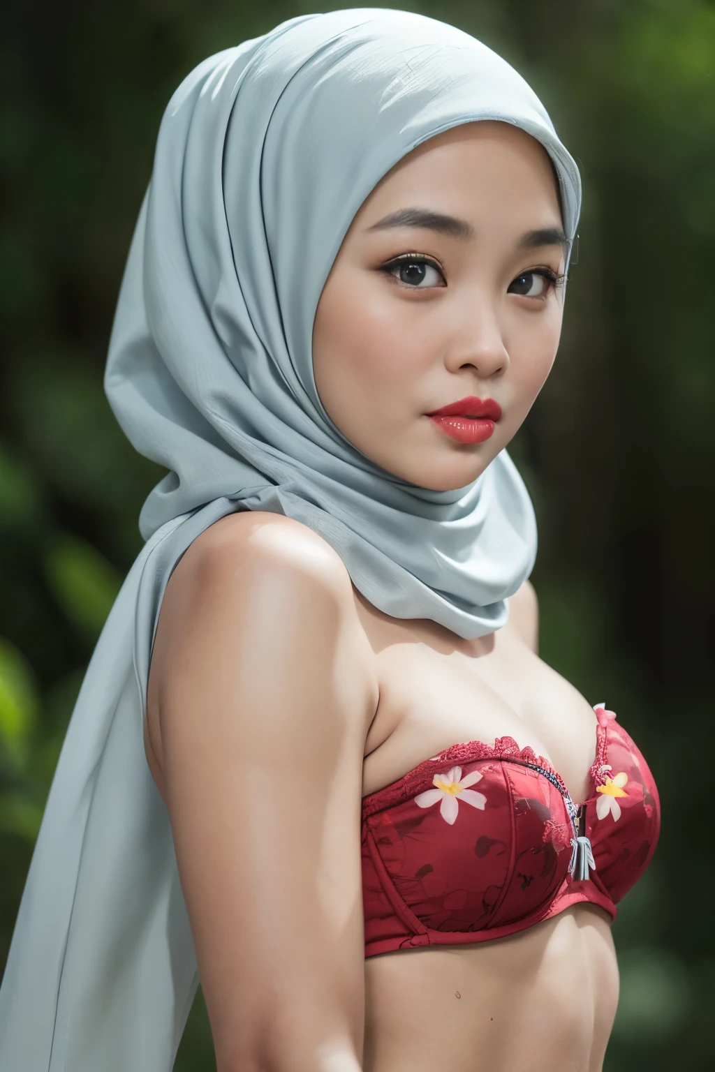 ((thick lips:1.9)), Lace, (Happy smile), (((HIJAB MALAY GIRL))), masutepiece, High quality, UHD 32K, Realistic face, Realistic skin feeling , A Japanese Lady, , , Very cute and baby-like face, (((FLAT CHEST))), (Night time at forest), ((look In front  at the camera and SADNESS)), (((FLUORESCENCE))), (((CUTE GIRL))), ((RED & YELLOW LIPS)), ((Floral Pattern)) little wearing strapless bra, strapless colorful bra, dark night horror scary place (from behind up) seductive pose