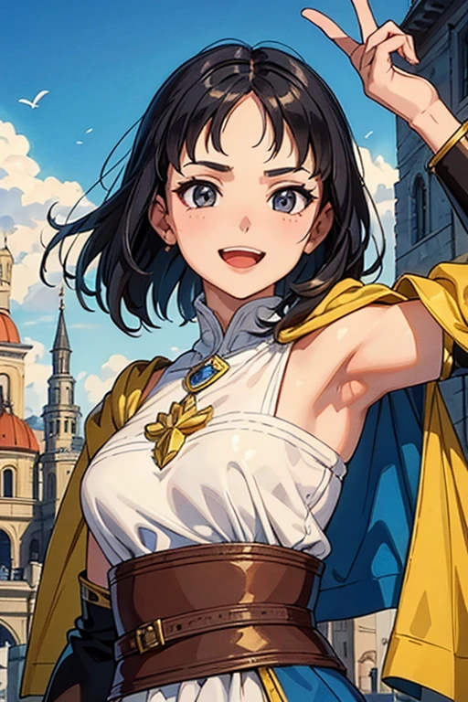 masterpiece, highest quality, One girl,Very detailed,Ukrainian facial structure,Rin々Nice face,Open Mouth Smile,Adventurer Uniform,Medieval Europe,Dynamic Action,Medium Hair,Show your armpits, Natural Beauty,Black eyes,European facial structure,The dignity of a hero,