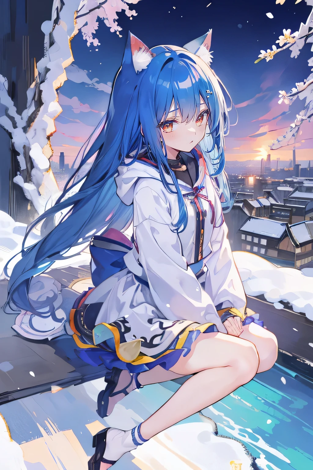 （masterpiece：1.2），Super detailed，lifelike，Expressive eyes，fair skin，perfect face shape，1 girl，
Japanese comics,Gorgeous blue hair,flowing blue hair,flowing clothes,Cat ears,Petals fall,beautiful lola,Baby Angel,
Shaking head with one hand，Cross your legs，Gentle and peaceful background，The pavilion is cool and comfortable,smile, wearing hoodie, background of tokyo,back views,snowing, winter.