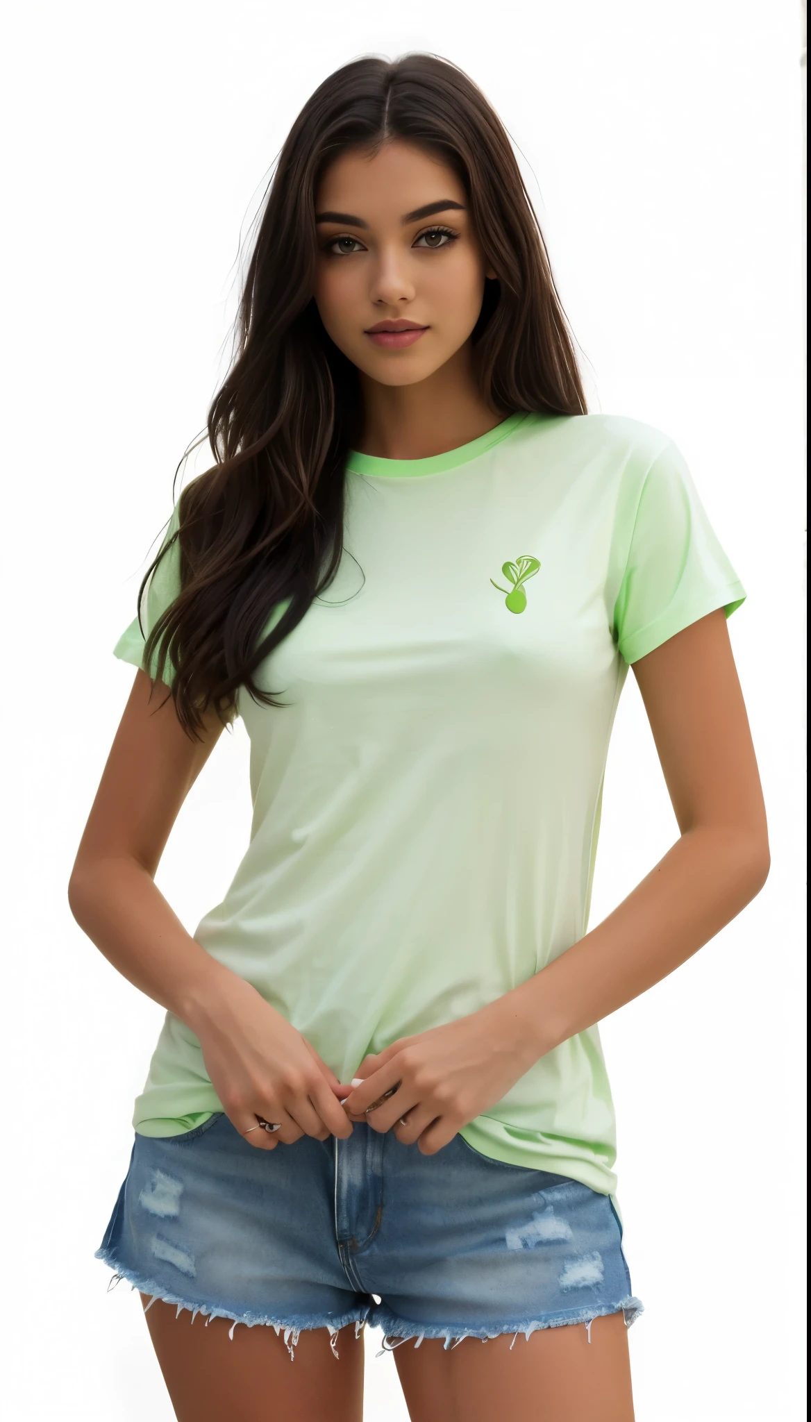 a woman in a camiseta T-shirt verde and denim shorts posing for a picture, camiseta verde, casual roupas verdes, roupas verdes, verde pastel, luz verde, espuma do mar verde, camiseta, camiseta, Manga curta, wearing a camiseta, Luz verde, vestindo uma camiseta leve, Green Lemon, Zellk, roupas verdes, gradient Luz verde