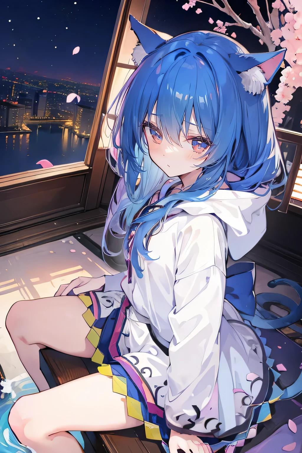 (masterpiece:1.2),Super detailed,lifelike,Expressive eyes,fair skin,perfect face shape,1 girl,
Japanese comics,Gorgeous blue hair,flowing blue hair,flowing clothes,Cat ears,Petals fall,beautiful lola,Baby Angel,
Shaking head with one hand,Cross your legs,Gentle and peaceful background,The pavilion is cool and comfortable,smile, wearing hoodie, background of tokyo,back views,snowing, winter.