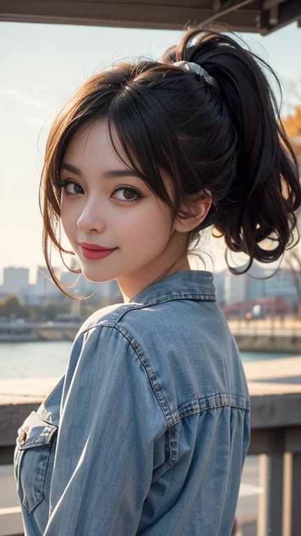 A girl named Shinestar, POV, Sunburst Flare, f/2.0, 105mm, Nikon, Ponytail, UHD, Retina, masterpiece, accurate, anatomically correct, textured skin, American with bright gray eyes, smiling with a bright, cheerful demeanor, fully showing their entire body, ultra-detailed, high-detail, high-quality, best quality, high resolution, 1080P, HD, 4K, 8K, Casual Wear