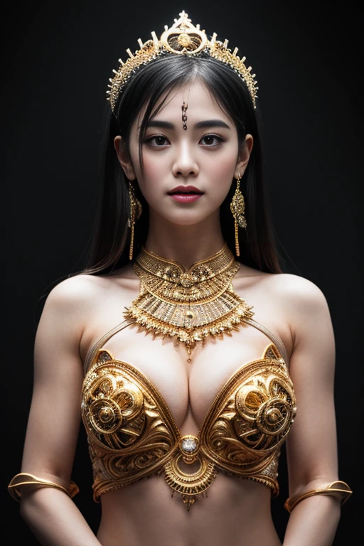 A meditation Goddes, detailed Thailand girl face, (extremely detailed intricate mechanical tiara :1.2), made from gold, (reflection:1.1), bright skins, (spread arms), intricate detail, best quality, natural lighting, blue sky and clouds, long black hair, intricate attire, golden gears clothing, grinning, tilted head, bare navel, bright eyes, intricate hair, intricate clothing, puffed breasts, ample cleavage, ((full body shots)), dark theme background