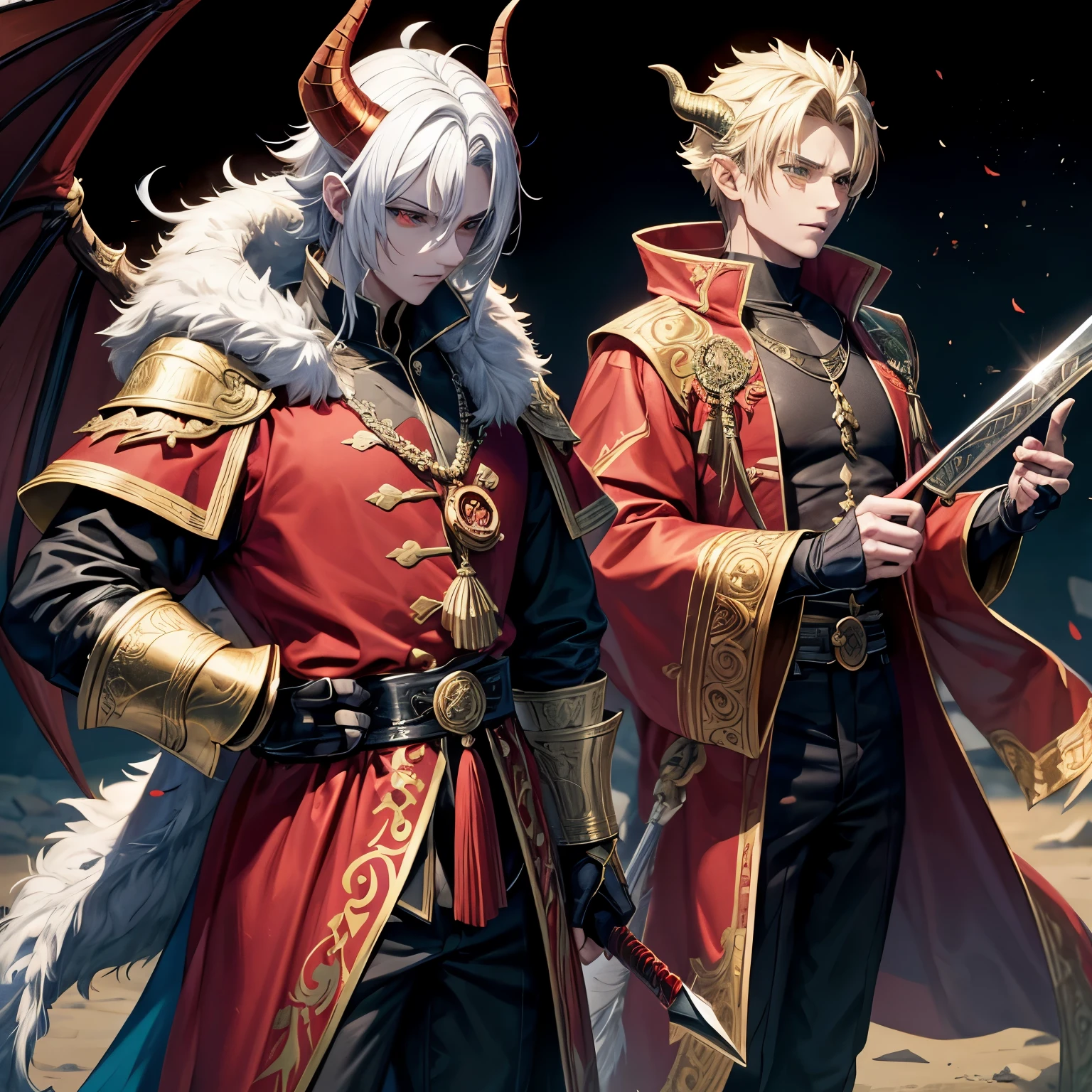 Red dragon head horns, horn on top of head, rostos serios, fortes, empunhando espada, segurando uma espada, casting magic, in the highest part of the head, empunhando espada, casting magic, roupa de espadachim, dragon ornate swordsman coat, they are both very full-bodied, fisico de atleta, olhando para espectador, olhar claro, Dragon Eyes, magic in the wizard&#39;s hand, sword in the swordsman&#39;s hand, e outro roupa de bruxo, sword in the swordsman&#39;s hand, magia na do bruxo, garoto da direita usa magia, rostos do Vergil e Dante de Devil May Cry (dois garotos), cabelo curto, nobre, Ambos com cabelo branco, deixe o da esquerda mais masculino, e coloque chifres vermelhos no da direita, segurando espada, outro fazendo magia, olhando para frente, olhar claro, olhar de qualidade, olhos de qualidade, olhar fixo, olhos vermelhos, olhos carmesim, olhar charmoso, masculos, guerreiro e mago, empunhando espada, dragon scales on the face, segurando espada, espada bonita, outro casting magic, magia vermelha, dragons eyes,
