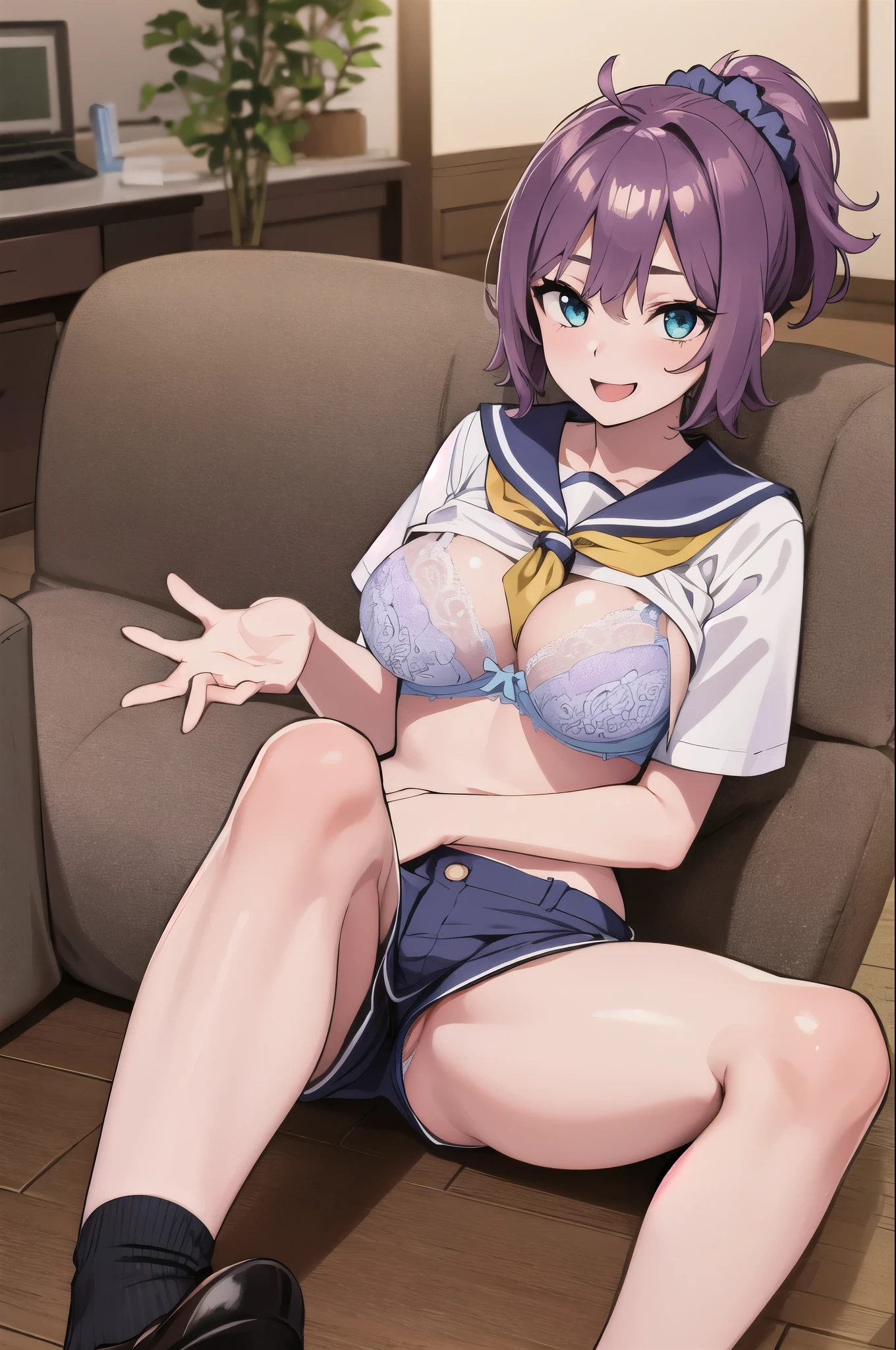 (masterpiece, highest quality:1.4), (Very detailed:1.2), {shape,Picturesque}, {Studio Light, Picturesque}, [Best Shadow],
(KonishiCSA)_(ShizumaCSA), (Alpha CDE:1.3)_(Gamma CDE:1.15),
break
(Perfect Anatomy), (Symmetrical eyes, Very detailed eyes, Beautiful Eyes), (Sharp eyeliner, Very detailed face, Beautiful Face), (blue eyes),短いポニーテール
break
nice hands, Perfect hands, Guido Daniele,
break
1girl, alone,
break
Green leavesKC, (Green leaves) uniform, (white) serafuku, (hair) Scrunchie, (Lavender Blue) Sailor collar, (yellow) neckerchief, (Lavender Blue) Shorts, (black) Knee socks, shoes,
break
looking at viewer, Cowboy Shot, To the audience, smile, Open your mouth, (indoor, office, living room), (Hold the camera),
break
(From behind)(panties), (bra), (In underwear), (Flashy underwear), (lingerie), 
