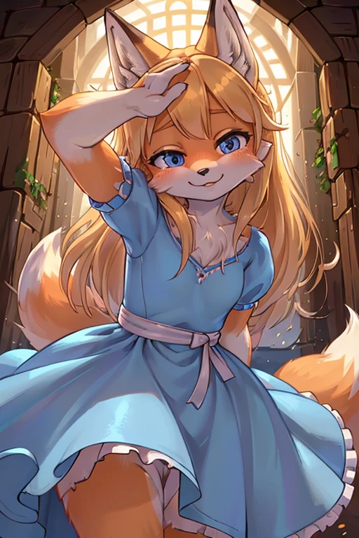 hairy fox princess , (realistic hairy fox fur:1.5) , round face , (tilt face:1.2) , (half-open eyes:1.5) , moist round eyes , Swollen cheeks , Seduction smile , glossy lips , Curly hair , princess dress , Alice in Wonderland , twilight , Adorable gestures , dynamic angle , nag factor , Gently guide , labyrinth , look of pain