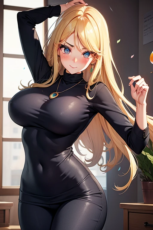(masterpiece, best quality, high resolution, 8k), cowboy shot, BREAK, girl style anime, well defined eyes, high definition eyes, perfect body, perfect anatomy, eyelashes and black shadow under the eyes, detailed, round eyes with eyelashes and highlighted eye shadow, BREAK, alluring eyes , beautiful face , crystal green ligth eyes , long hair , jinx hair, women (medium wavy hair, bangs, Blonde hair)), ((detailed face, blush:1.2)), medium breasts, angle dynamic, perfect body, ((red turtleneck sweater、brwon Tight dress pants, cute necklace、earrings、)), top grade、Shy smile, ((((dancing with a beatiful boy)))) at a house party with colorful balloons and confetti and people.