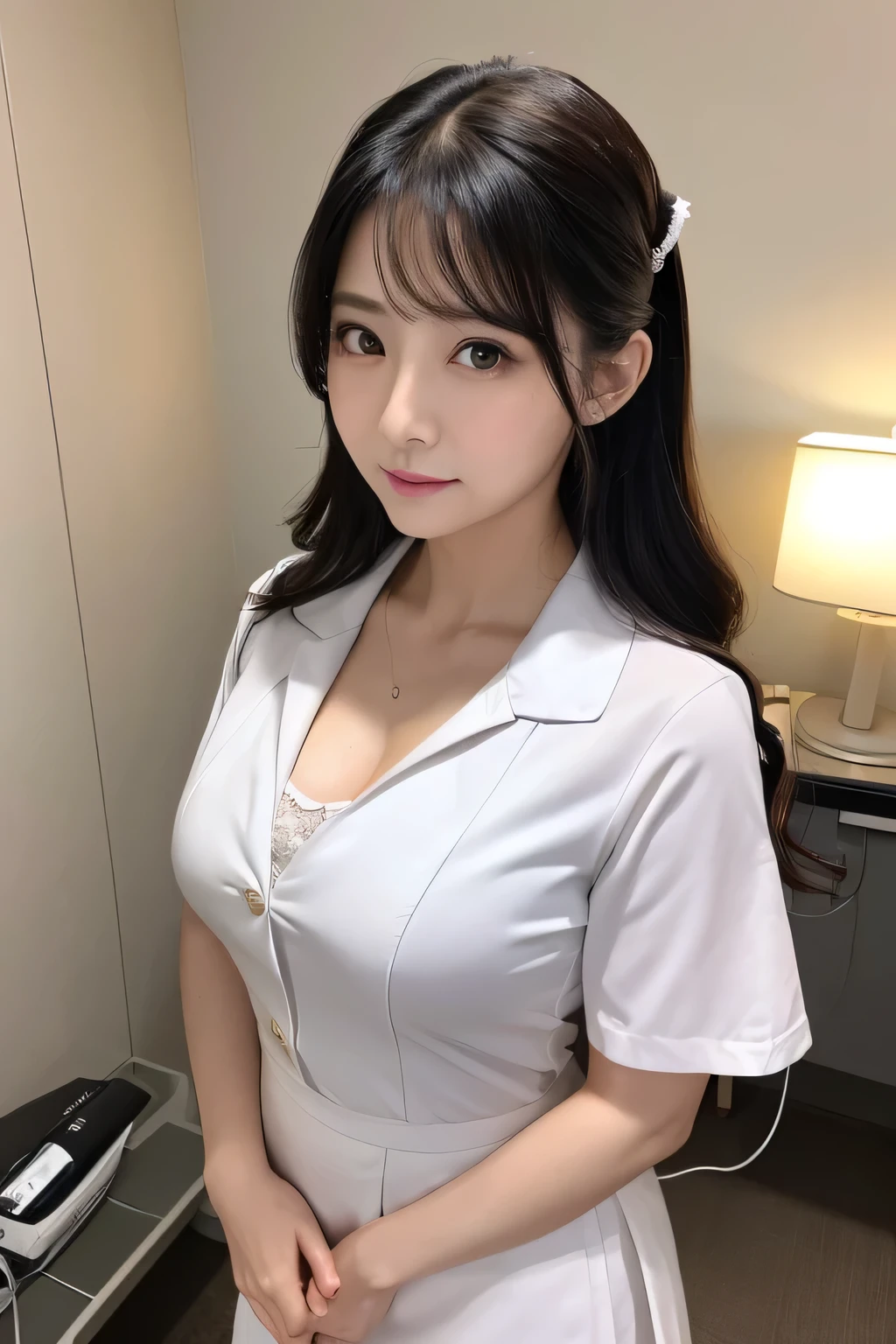 (1 woman)、(Beautiful Japanese、38years old,round face、Refreshing、clear、seems kind、stylish、Pitiful、cute like an angel、cute、black eyes、,actress,Narrow eyes,Adult atmosphere), Good style , (Beautiful big breasts:1.2),(soft breasts),(very cute),(Black hair),(long hair),(updo),(enchanting eyes),(highlight on eyes:1.2)、(8K、Live shooting、highest quality、masterpiece:1.2、optimal lighting)、((masterpiece)),(Photo taken by a professional photographer),(real、photo real:1.4),break,{ (White nurse costume),(((taraditional nurse uniform))),(White nurse mini skirt),((White pantyhose)),(cleavage:1.2)},( Shy face),(cheeks are red:1.2), break, break,Hospital,Face shot:1.3、Hospital room、Looking at viewer:1.6, face close-up