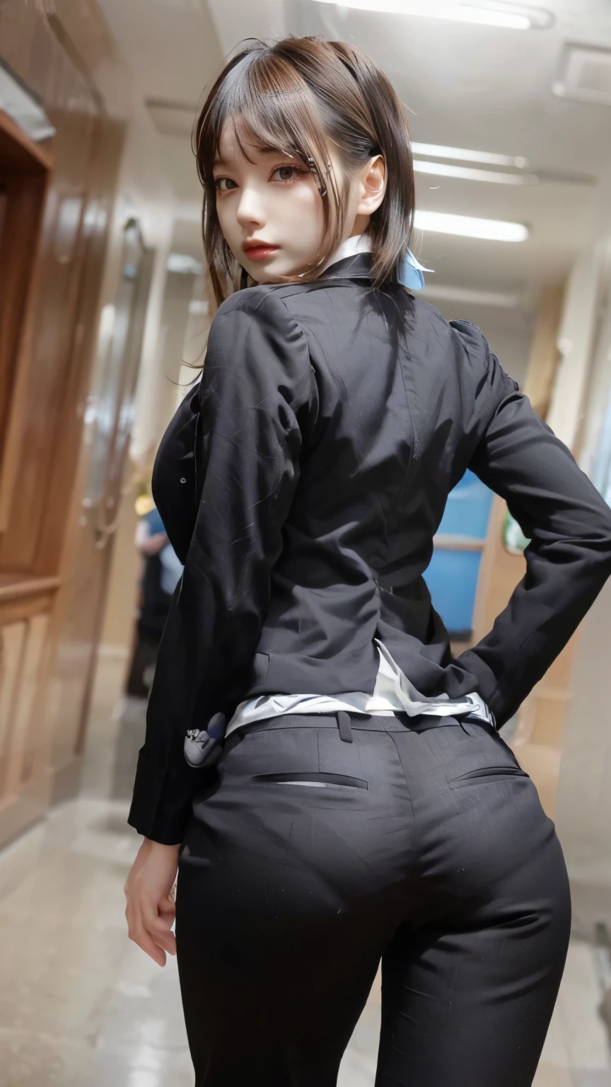 (Realistic、Like a photograph、Live Action、8k, Photorealistic, RAW Photos, Best image quality: 1.4), Single-lens reflex camera、RAW Photos, highest quality, Realistic, Highly detailed CG Unity 8k wallpaper, Written boundary depth, Cinematic Light, Lens flare, Ray Tracing, Realistic background、(Wear a business suit:1.4、pants suit:1.1、Best Hip Shot:1.37、Big Breasts、Attach your employee ID to a neck strap、Stick your butt out、Panty lines)