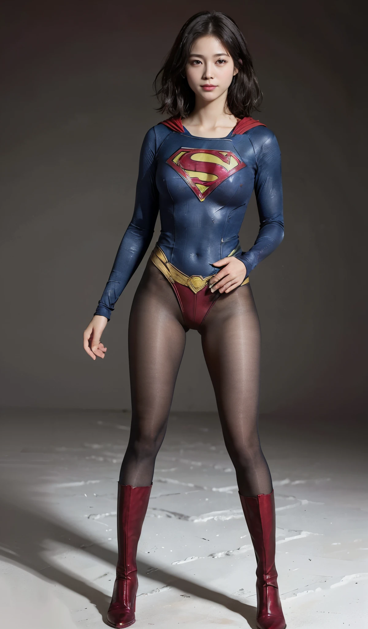 No background、(((Beautiful legs in black tights.)))、(((Legally express the beauty of your smile)))、((((Make the most of your original images)))、(((Supergirl Costume)))、(((Beautiful short bob hair)))、(((suffering)))、(((Please wear black tights....、Wear red boots)))、((Best image quality、8k))、((highest quality、8k、masterpiece:1.3))、(((Preserve background )))、Sharp focus:1.2、Beautiful woman with perfect figure:1.4、Slim Abs:1.2、Wet body:1.5、Highly detailed face and skin texture、8k