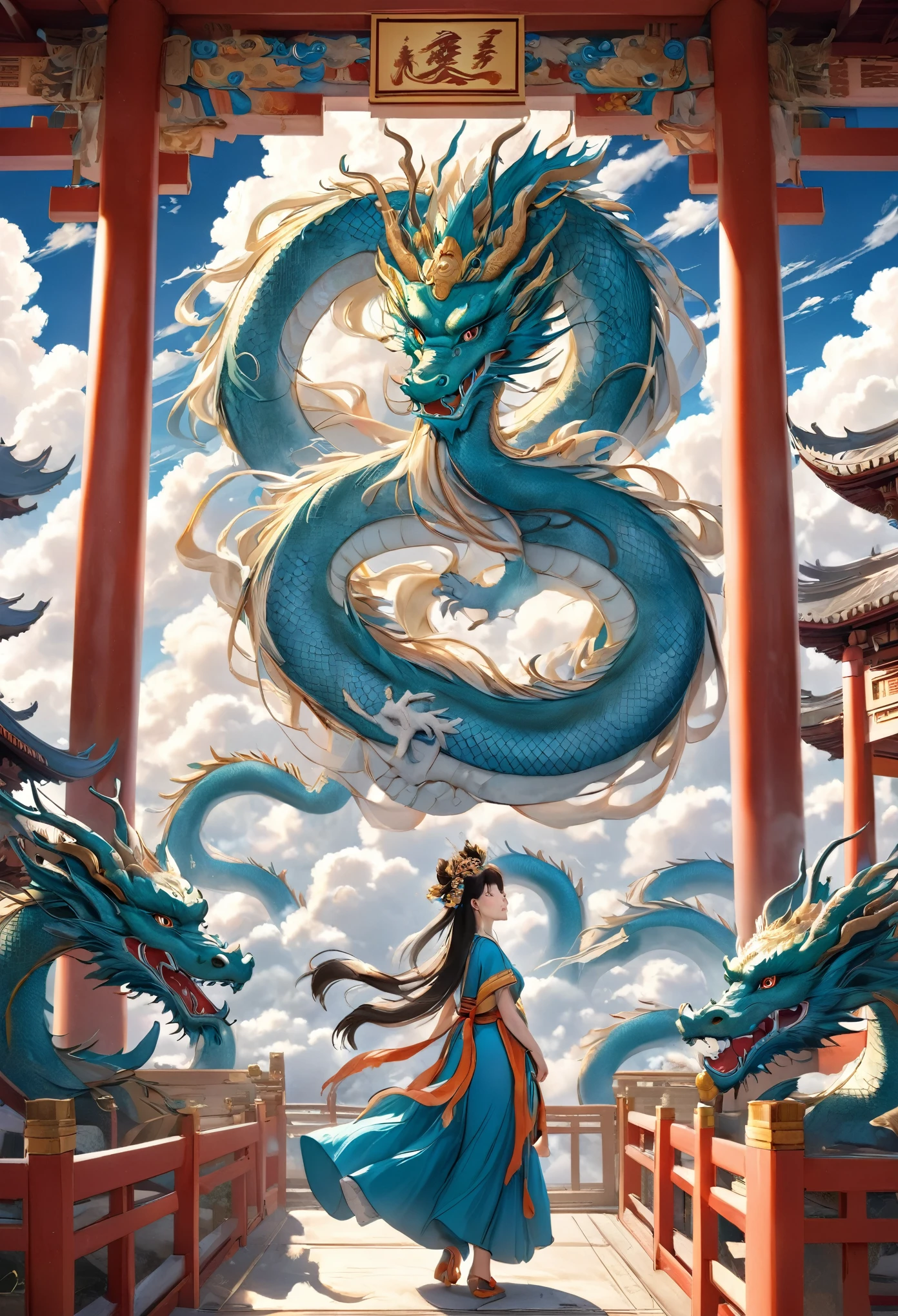 (masterpiece, best quality:1.2), see_style,1 person,girl,goddess,dragon,Auspicious Clouds,Temple,myth,cartoon,Octane Render