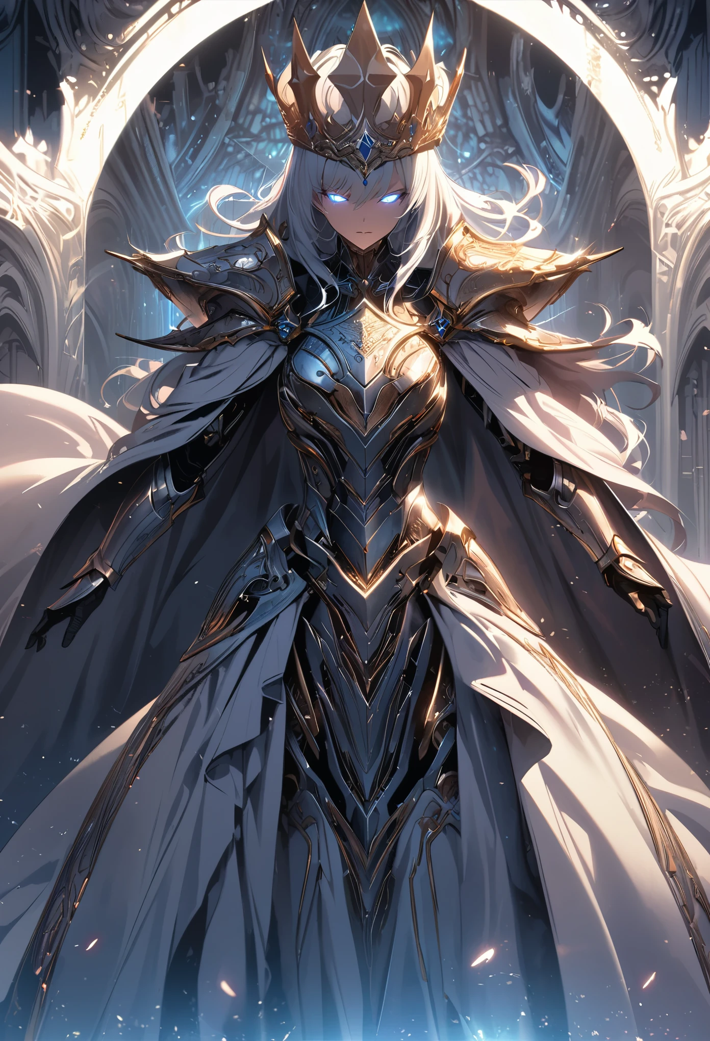 t, futuristic, glowing eyes, metallic armor, majestic crown, flowing cape. Medium: Digital Illustration. Additional details: intricate engravings on armor, ethereal background, intense gaze, regal posture.