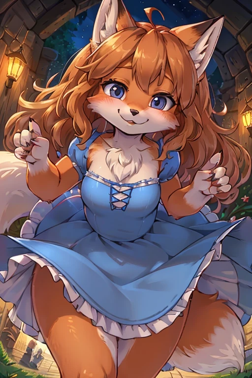 hairy fox princess , (realistic hairy fox fur:1.5) , round face , (tilt face:1.2) , (half-open eyes:1.5) , moist round eyes , Swollen cheeks , Seduction smile , glossy lips , Curly hair , princess dress , Alice in Wonderland , twilight , Adorable gestures , dynamic angle , nag factor , Gently guide , labyrinth , look of pain